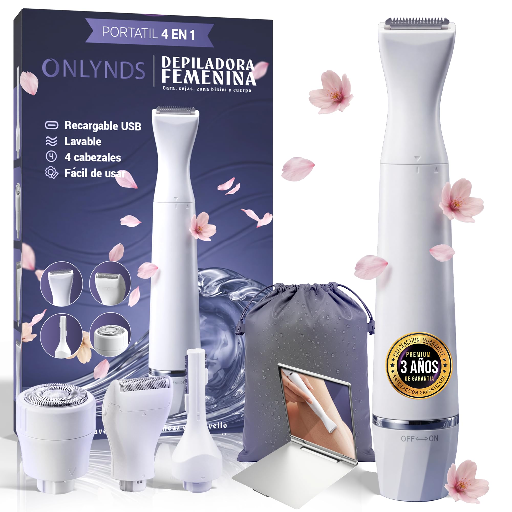 SUPER Afeitadora Eléctrica Mujer 4 en 1 Facial y Corporal | Depiladora Íntima Mujer IPX5 Uso Seco y Mojado | Rasuradora Mujer Zona Íntima BIKINI | 4 CABEZALES | Espejo y Bolsa Impermeable INCLUIDOS.