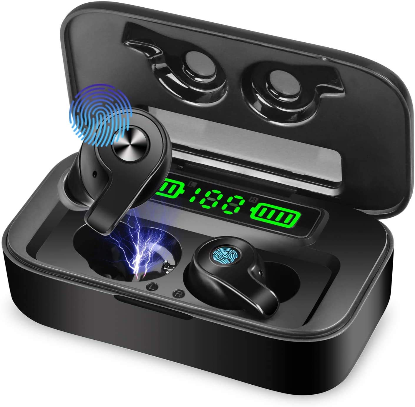 PROSOUND F1 Bluetooth 5.0 True Wireless Earbuds for Sports and Workout, HiFi Stereo Sound with Punchy Bass, IPX5 Waterproof, LED Digital Display, Noise Cancelling Headsets with 2600 mAh Charging Case