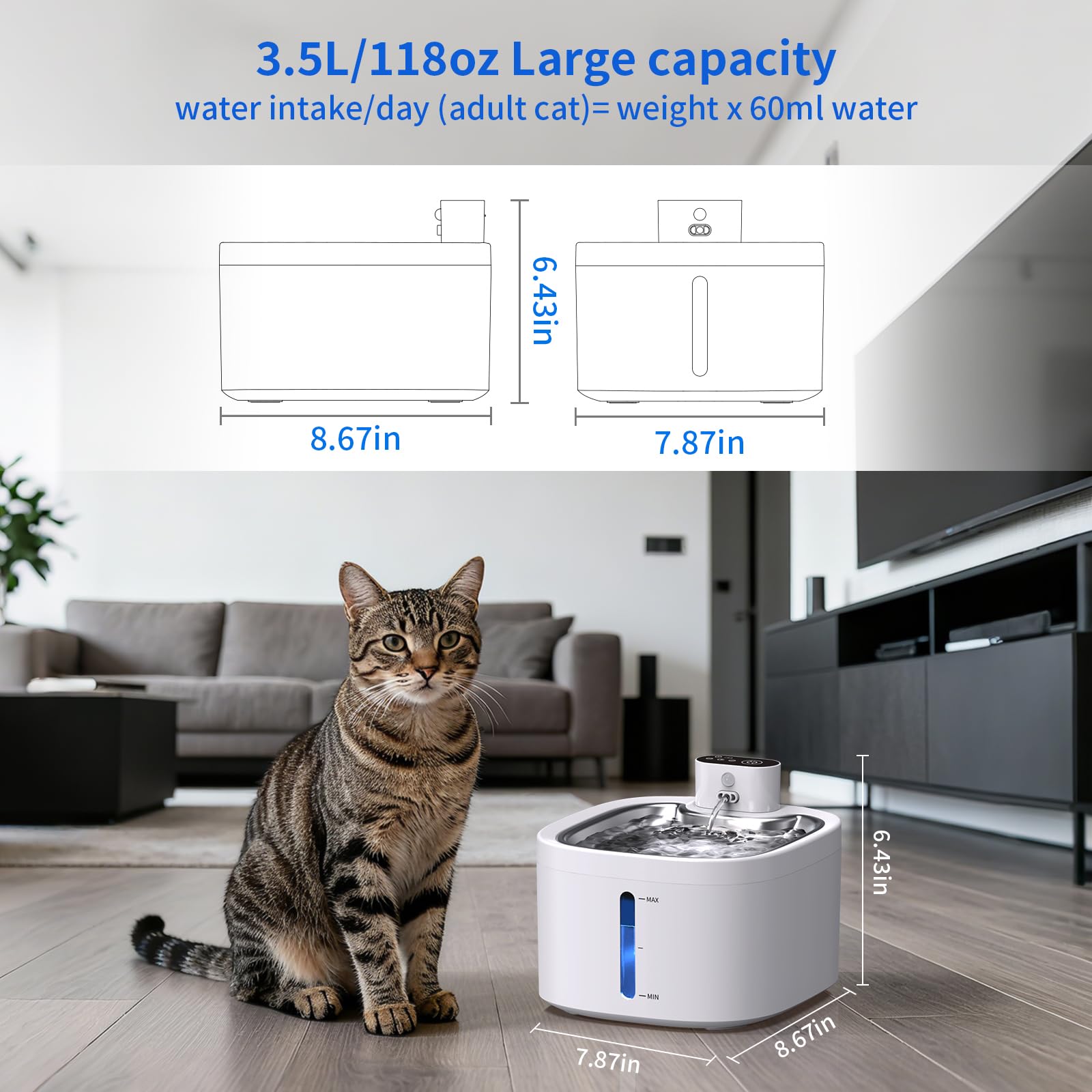 Wireless Cat Water Fountain, 118oz/3.5L Battery Operated Pet Water Dispenser with Stainless Steel Tray, Ultra Quiet Automatic Fountain with Motion Sensor for Cats Dogs (Cat Fountain+8Filters) - image 6