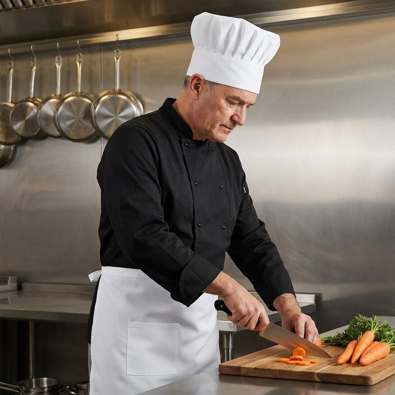Kapelusz szefa kuchni i pół fartuch bistro, regulowany bawełniany fartuch kuchenny na szelkach, kostium do gotowania i mundur do codziennego użytku, biały półfartuch i czapka szefa kuchni do