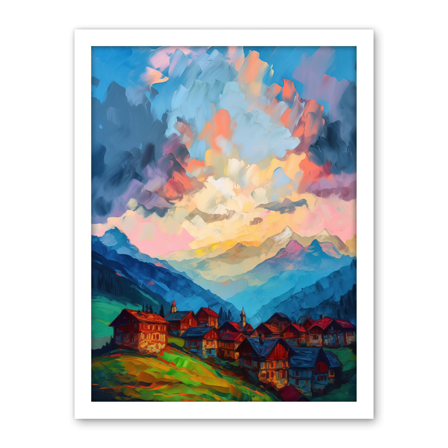 Artery8 Atmospheric Clouds at Dawn Over Small Village Houses in the Alps Modern Watercolour Painting Artwork Framed Wall Art Print 18X24 Inch