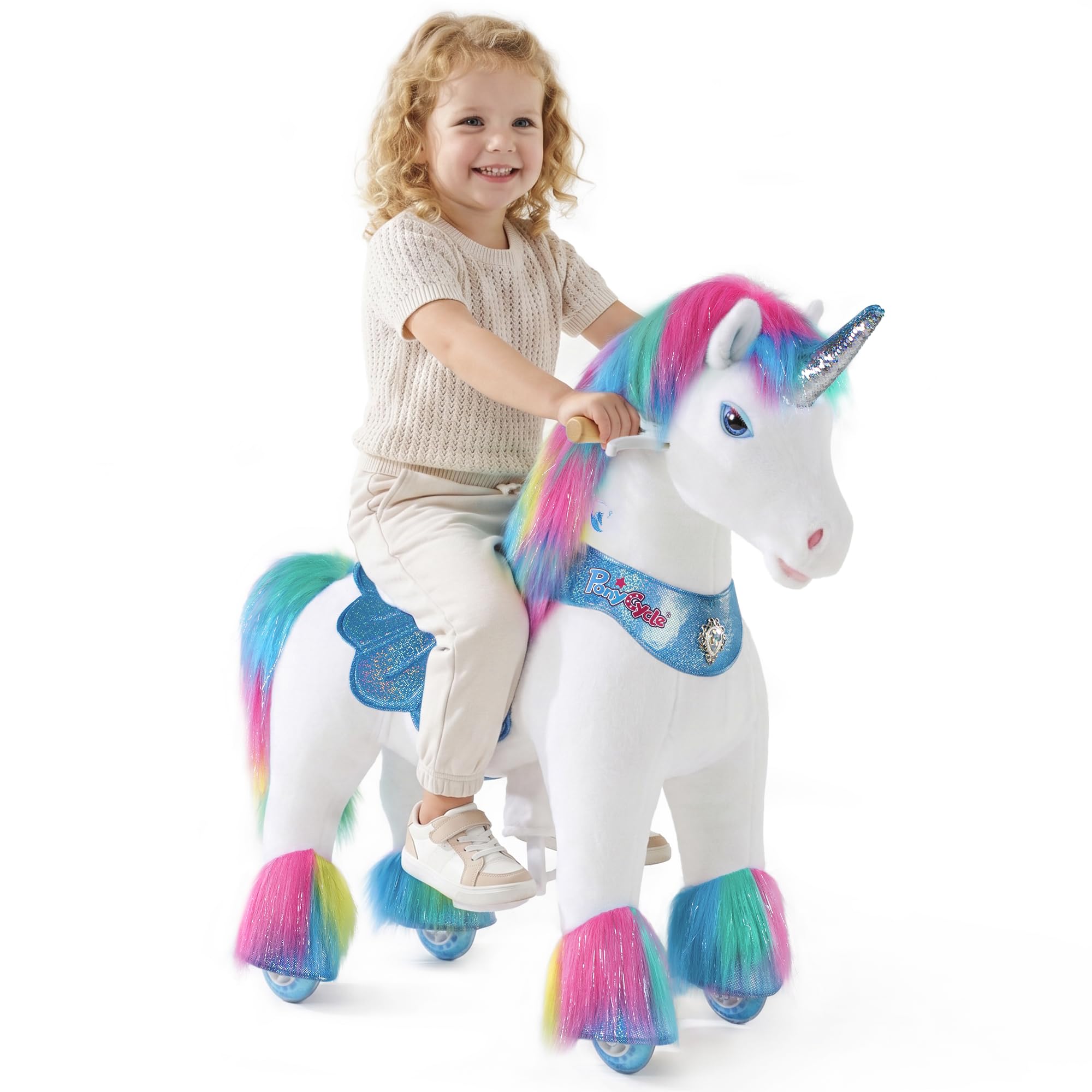 PonyCycle Unicorno su Ruote di Peluche per Bambini 3-4 Anni, Unicorno Cavalcabile con Suoni, Unicorno Meccanico Cavalcabile Modello Y Avanzato, Regalo di Compleanno per Bambine - Y354