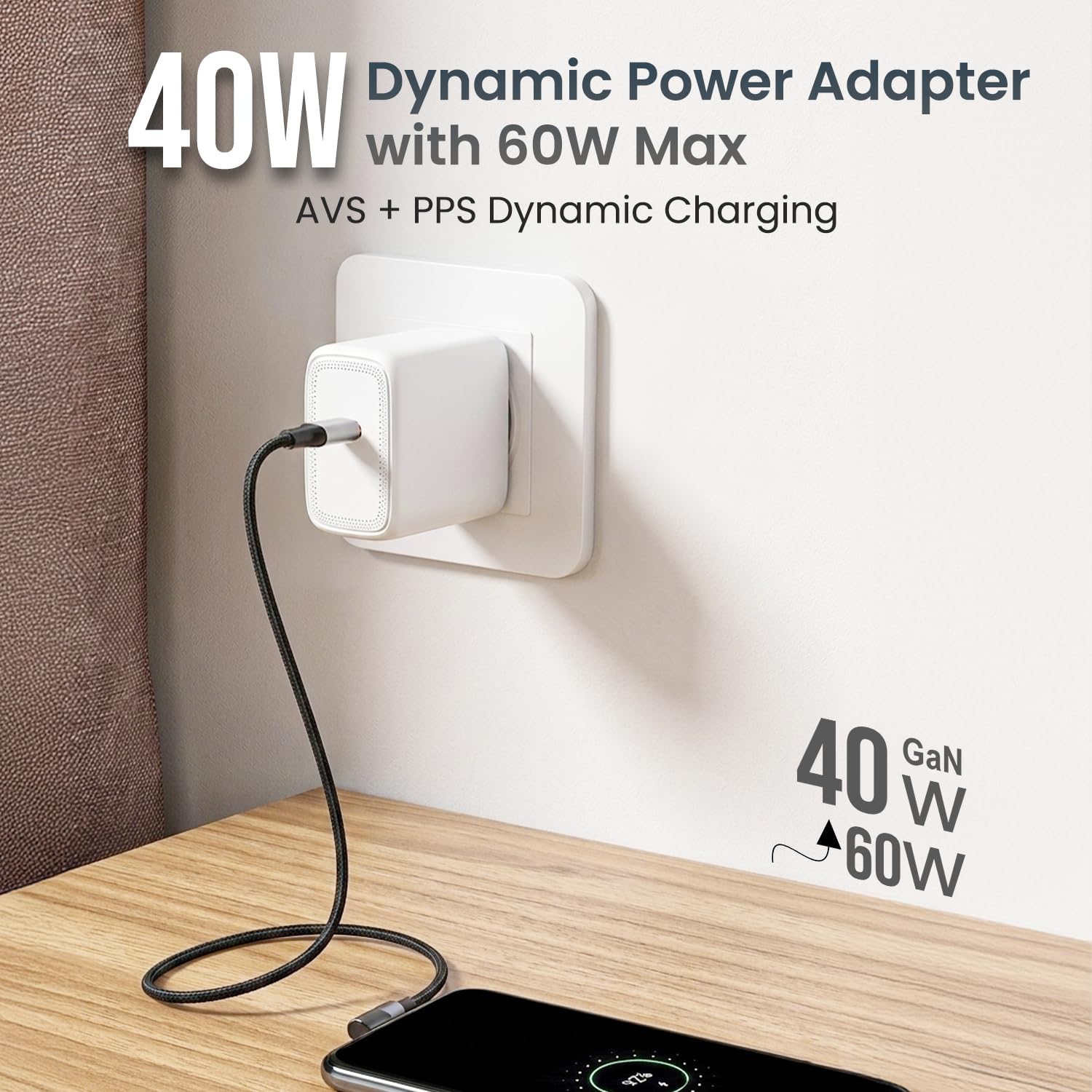 Portronics 40W Adapto 40AVS GaN Type C Fast Charger, AVS & PPS Technology, 60W Peak Output, BIS Certified, Compatible with iPhone, Samsung, MacBook, iPad & Tablets (White) — Amazon image 2