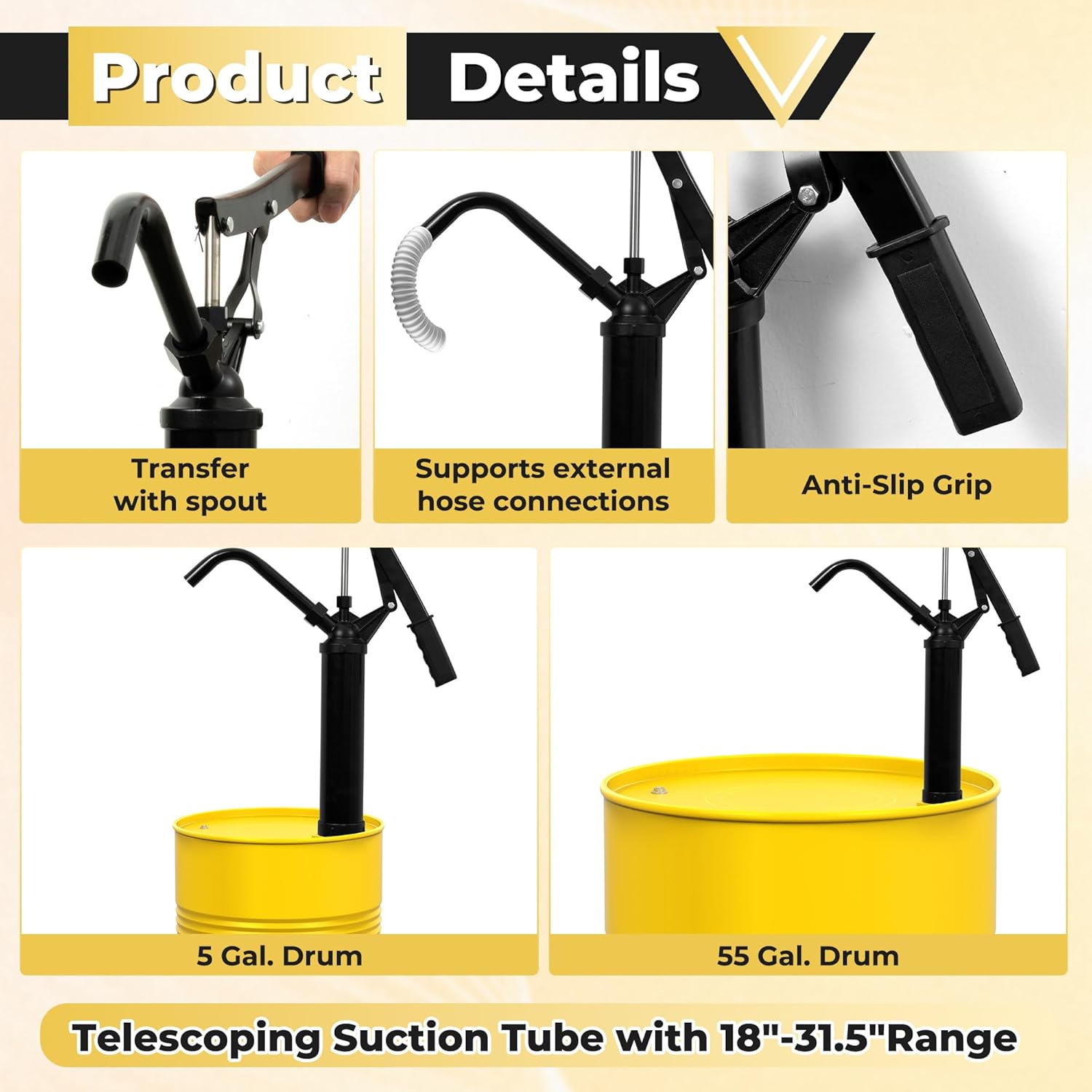 55 Gallon Drum Pump - Lever Action Barrel Fuels Hand Pumps with Telescoping Suction Tube Fit 5 to 55 Gallon Drums & Barrels, Heavy Duty Manual Transfer for Motor Oil Chemicals Diesel Kerosene