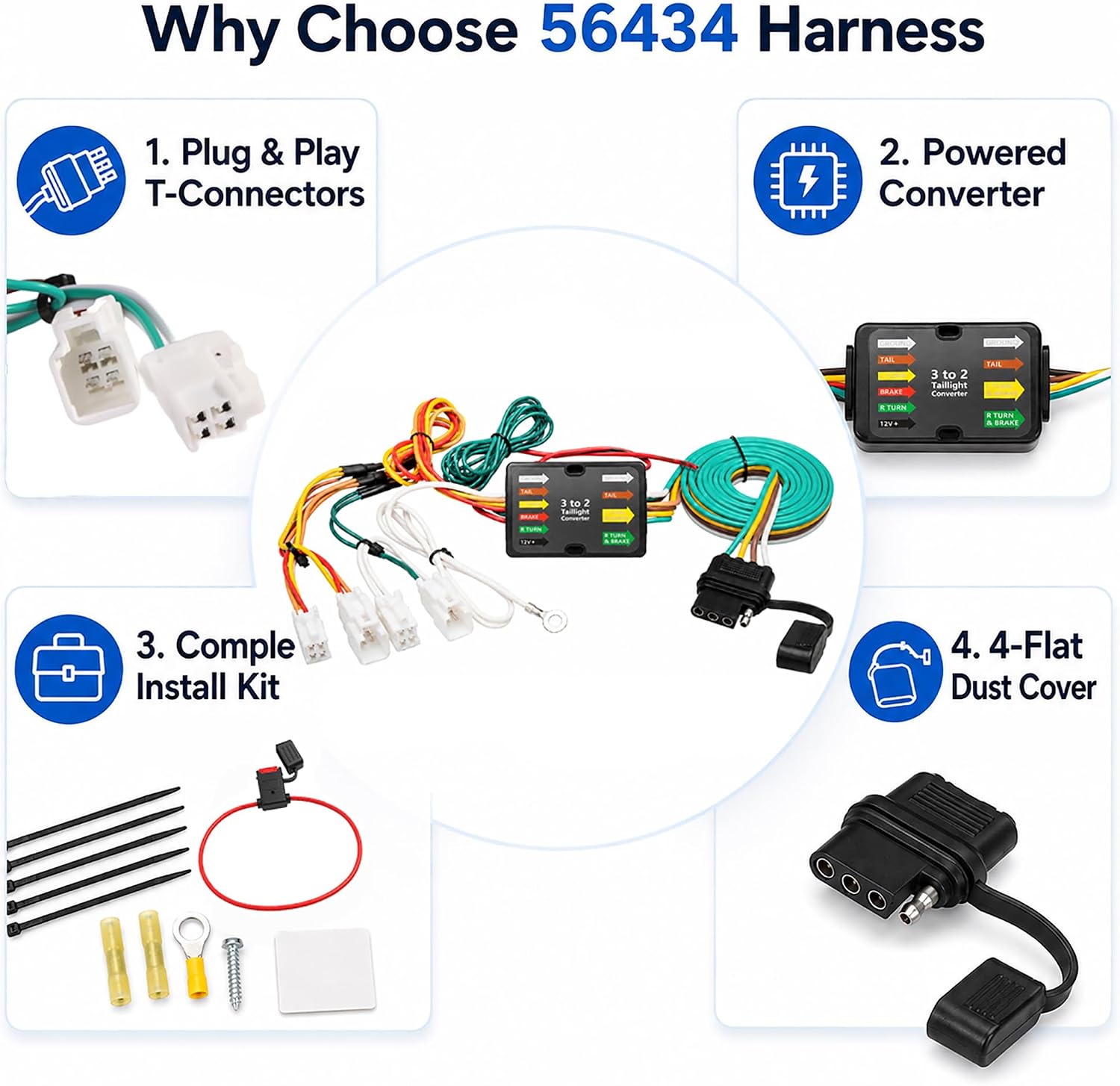 4 Pin Trailer Wiring Harness 56434 Compatible with 2019-2025 Toyota RAV4 and 2021-2024 RAV4 Prime Flat Trailer Light Connector Assembly Flat 4-Way Tow Harness