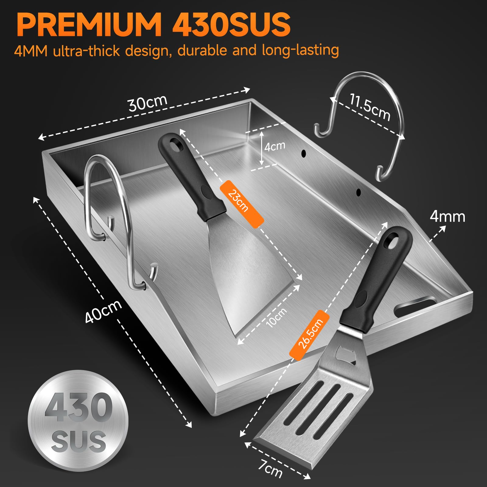 Grillplatte Plancha, 4 mm starker Edelstahlgrill für Gas- und Holzkohlegrills 40 x 30 x 4 cm, mit abnehmbarem Griff, mit 2 Grillspatel-Set,Grillgeschenke für Männer und Frauen