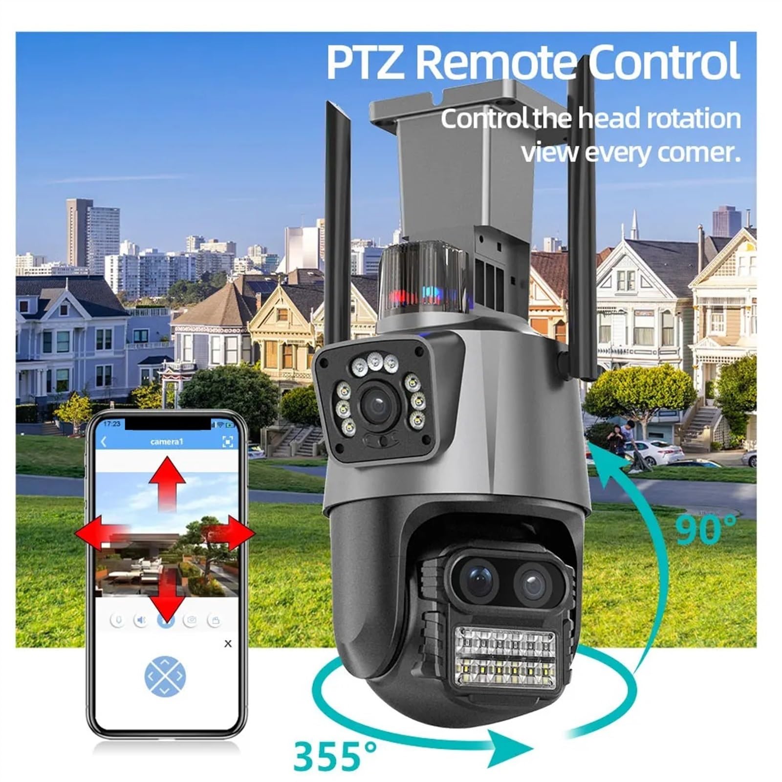 Kamera bezpieczeństwa, Kamera PTZ 9 MP Podwójny ekran 8-krotny zoom cyfrowy Wykrywanie ludzi Ochrona bezpieczeństwa na zewnątrz IP do monitoringu CCTV(9MP Camera Add 64GB)
