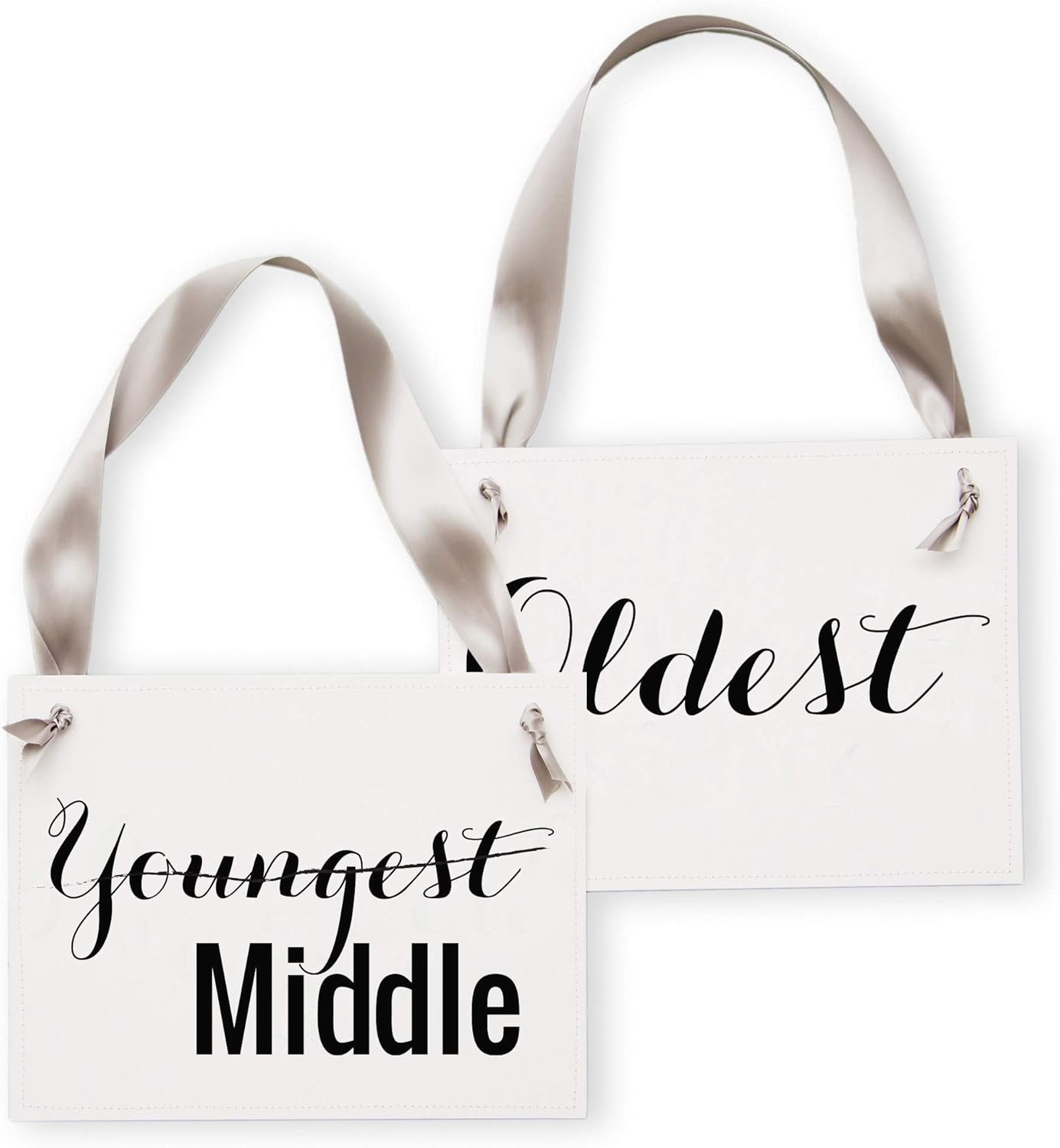 Pregnancy Announcement for 3rd Child | Oldest Middle Youngest Signs | 2 Decorative Signs for Big Brothers or Sisters | New Baby Signage | White Paper Black Ink Gray Ribbon | Set of 2
