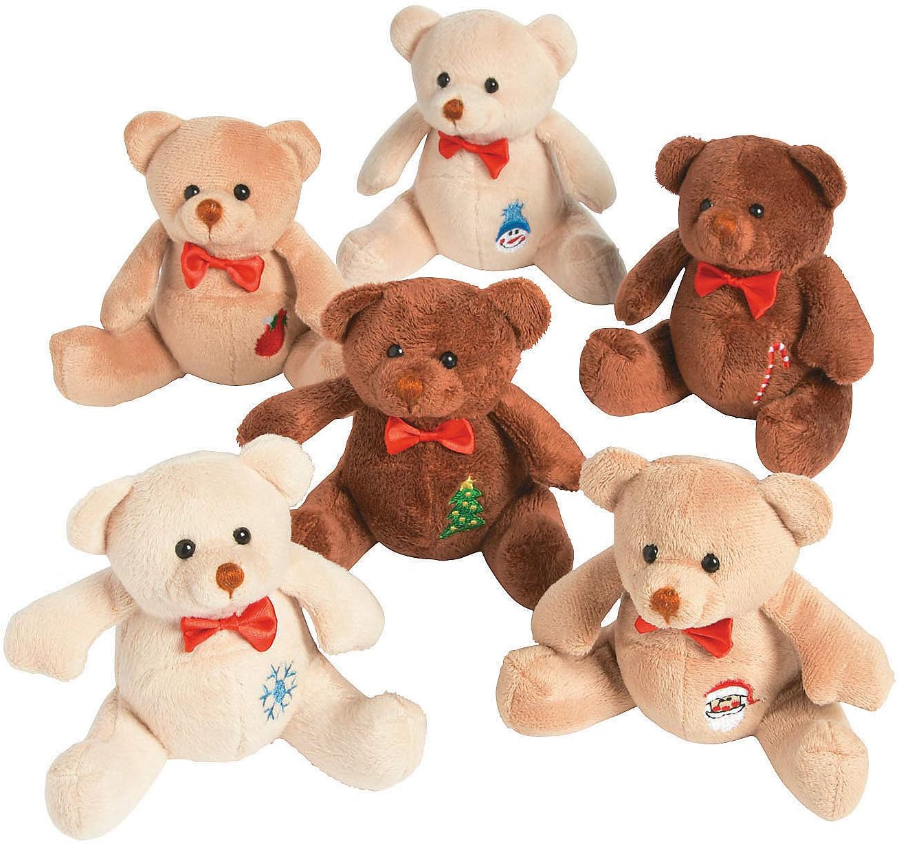 Fun Express Holiday Patchwork Stuffed Bears - Christmas Toys and Stocking Stuffers for Kids - 12 Pieces