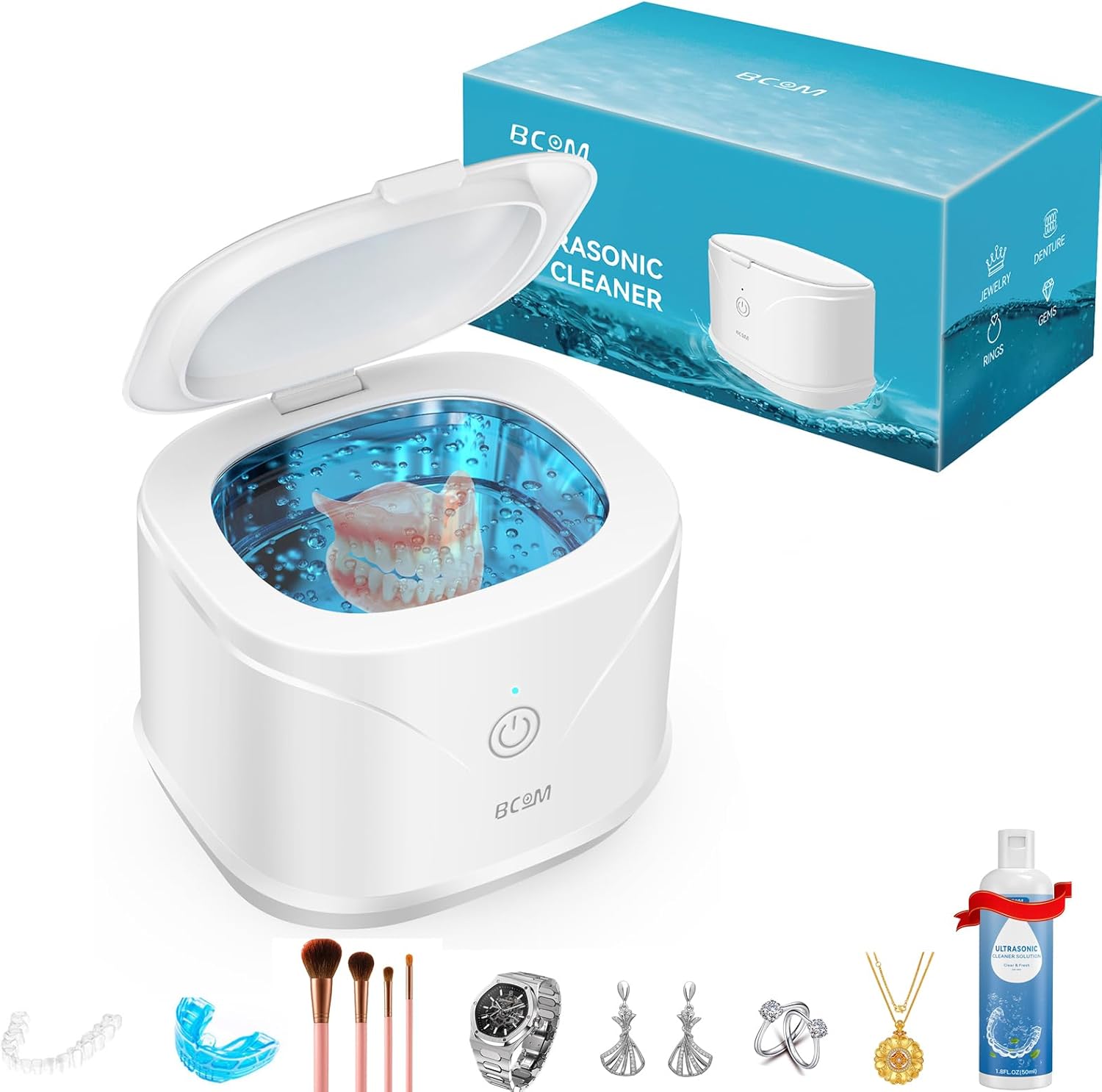 BCOM Ultrasonic Retainer Cleaner Machine, 46Khz Portable Dental Cleaning Pod for Braces, Night Guard, Mouthguard, Toothbrush, Denture, Jewelry, Ring White