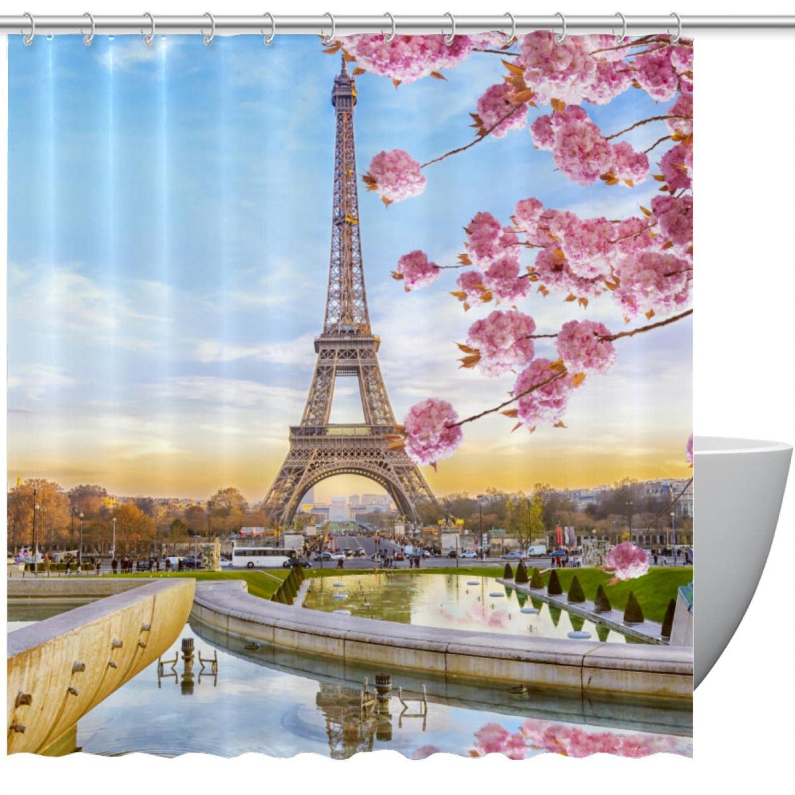 Tenda Doccia Parigi Torre Eiffol 180x213 Cm Con Fiori Di Ciliegio - Tenda Impermeabile In Poliestere, Include Ganci, Vintage Romantico Per Bagno - 2