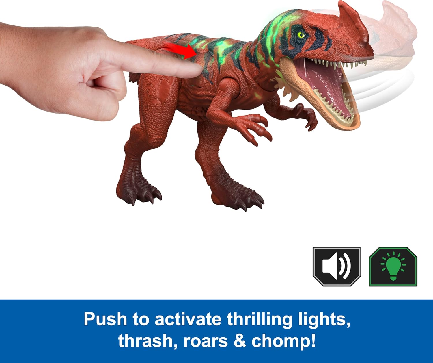 Mattel Jurassic World Wild Roar Afrovenator Dinosaur Action Figure Toy, Attack Action & Lights & Roar Sound, Scan Code for Digital Play