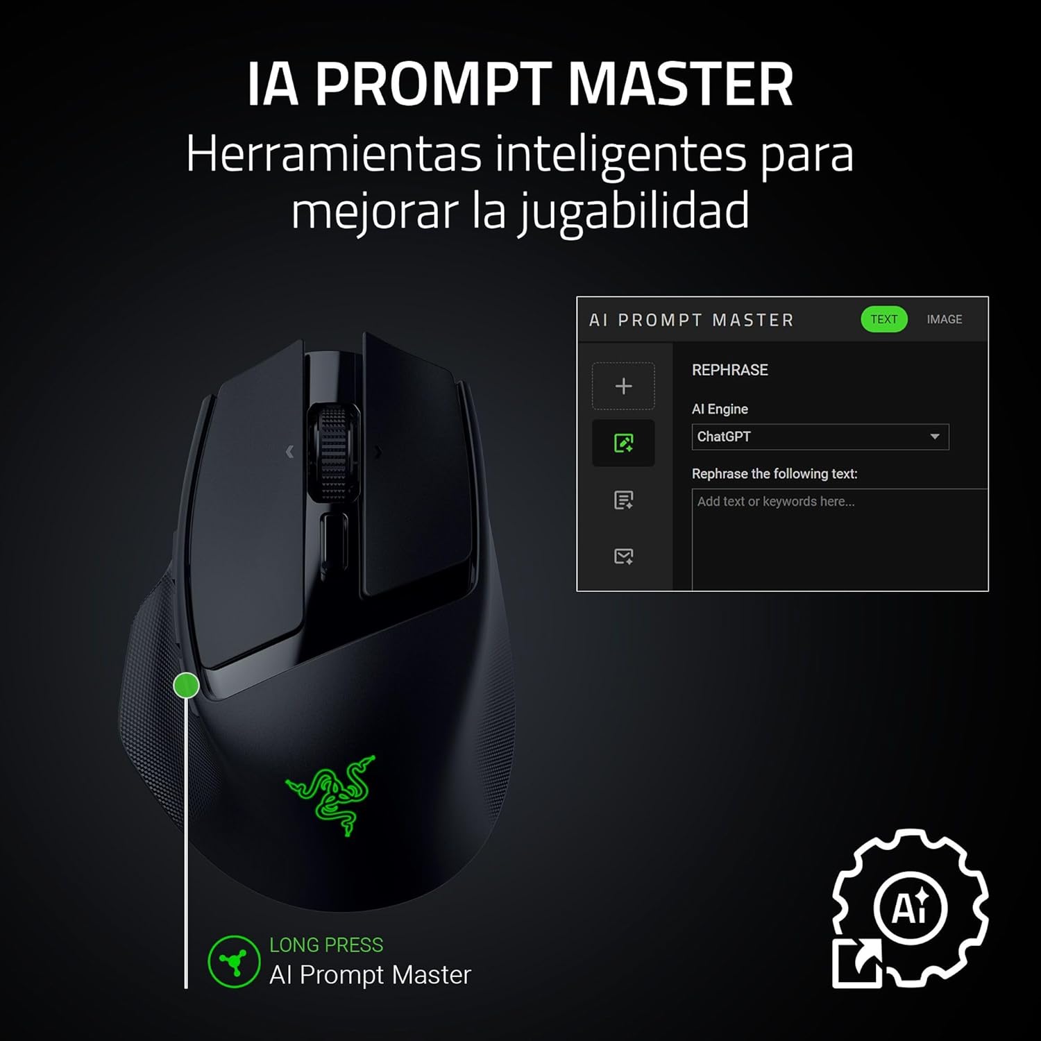 Razer Basilisk Mobile – Ratón inalámbrico ergonómico portátil para juegos – AI Prompt Master – Sensor Focus X 18K (conectividad tri-modo, hasta 105 horas, interruptores de ratón Gen-3) Negro 10