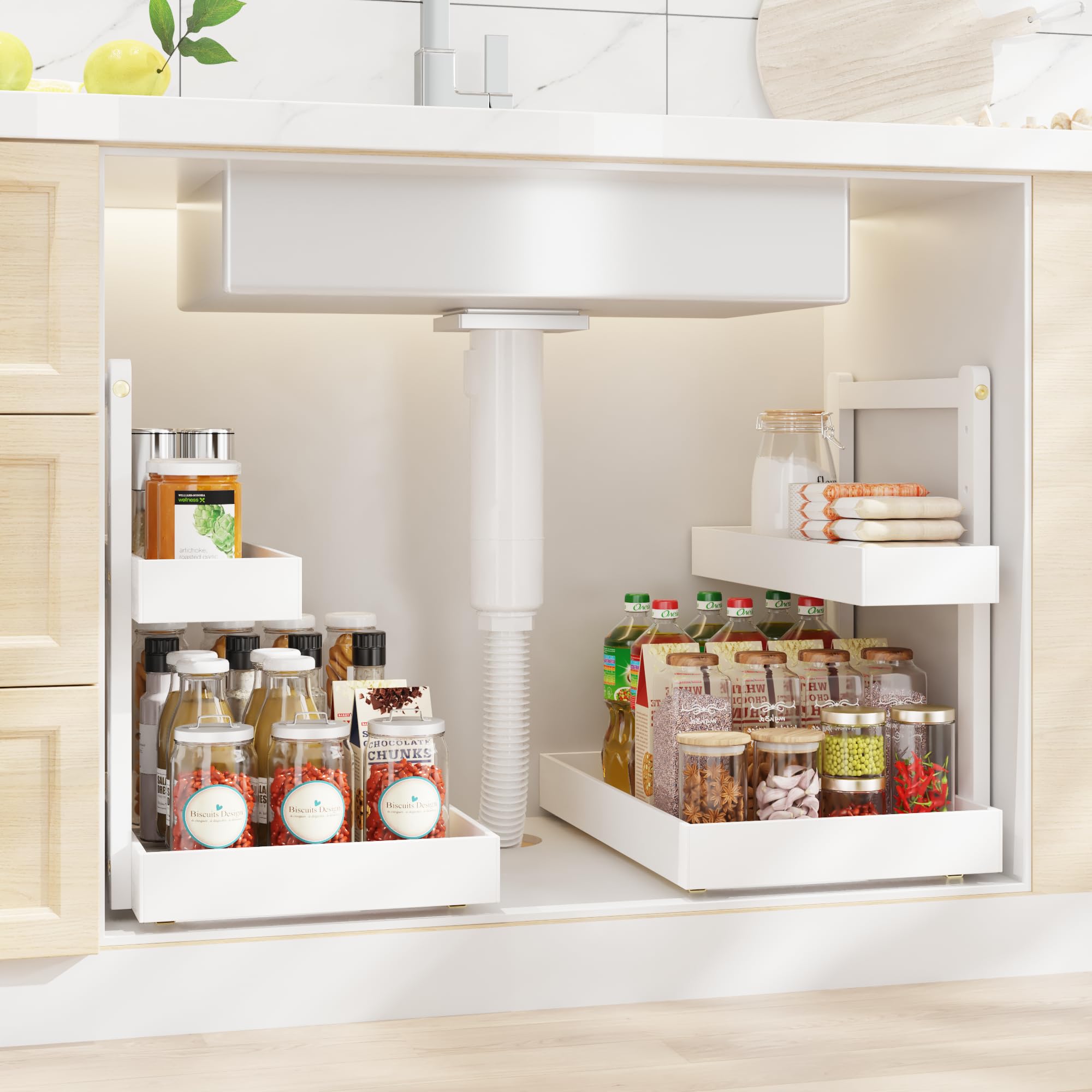 Organizador y almacenamiento debajo del fregadero, organizador de gabinete extraíble de 2 niveles, estante de almacenamiento deslizante debajo del fregadero, estantes organizadores para cocina, baño,