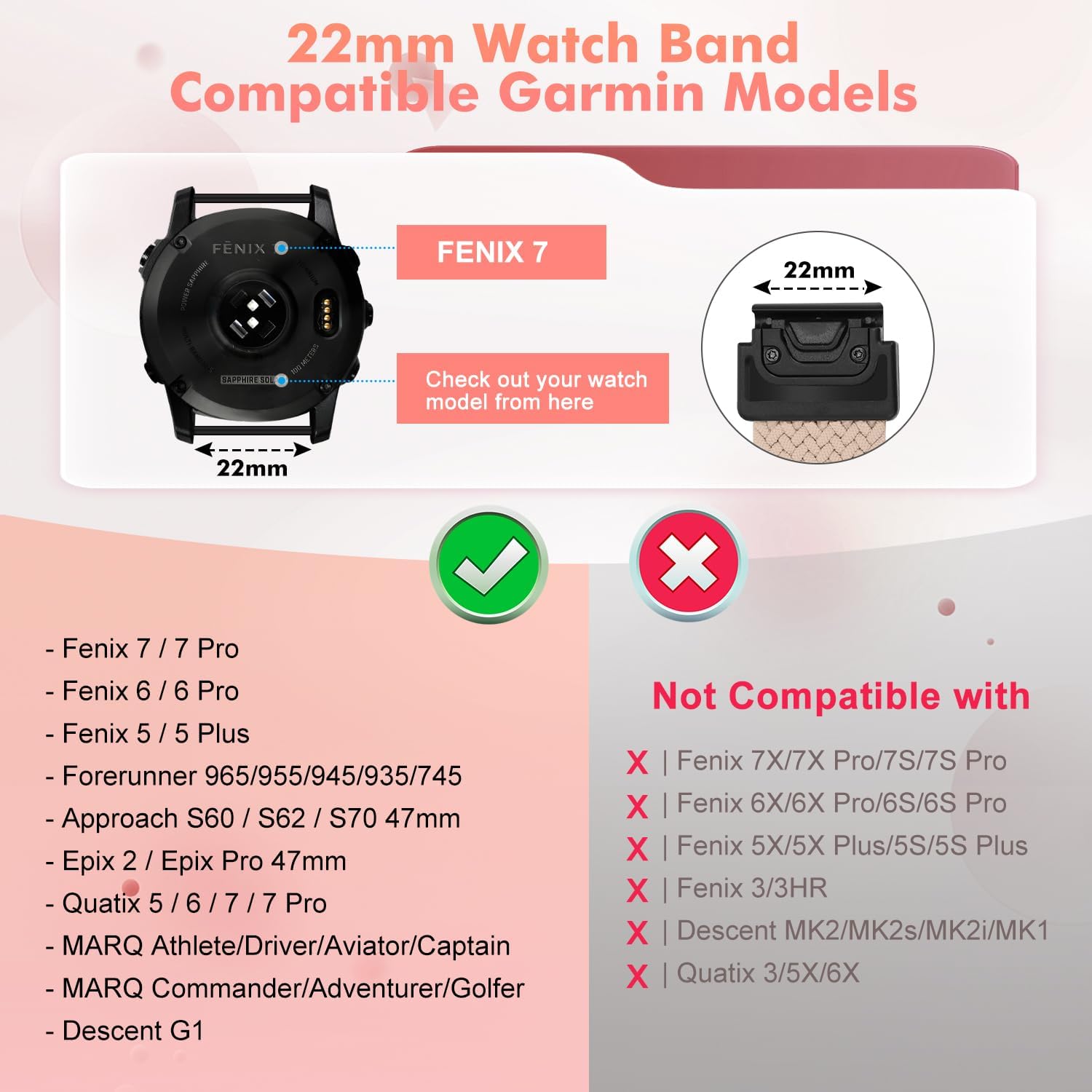 Quick Fit 22mm Nylon Watch Band Compatible With Garmin Fenix 8/7/7 Pro/6/6 Pro/5/5 Plus, Adjustable Braided Sport Wristband for EPIX 2,Approach S62/S60