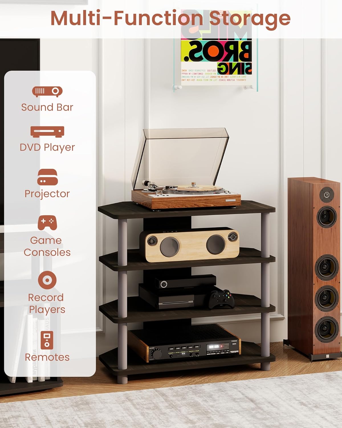 Game Console Stand, 4-Tier Small Entertainment Stand with Open Shelves, Media Center for Bedroom Dorm Living Room, Fits TV up to 32”