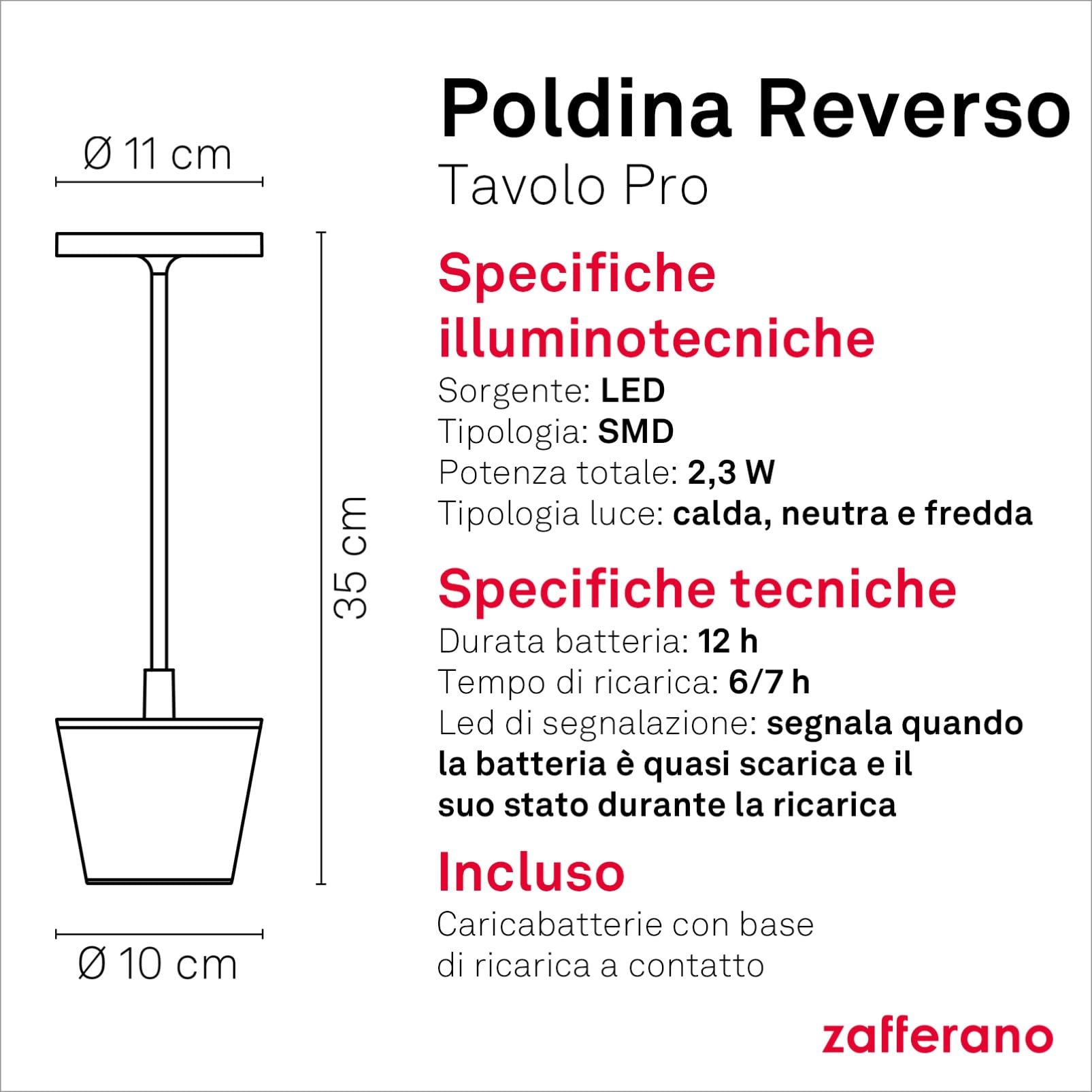 Zafferano Lampada Poldina Reverso, Lampada da Tavolo Ricaricabile e Senza Fili con Controllo Touch, Adatta per Salotto ed Esterni, Dimmer, 2200-3000 K, Altezza 35 cm, Colore Salvia