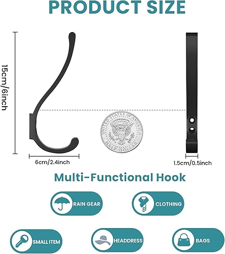Miniatura 5 de Paquete de 6 ganchos resistentes para montaje en pared, ganchos duraderos para colgar abrigos, mochilas y bolsas, ganchos resistentes al óxido para