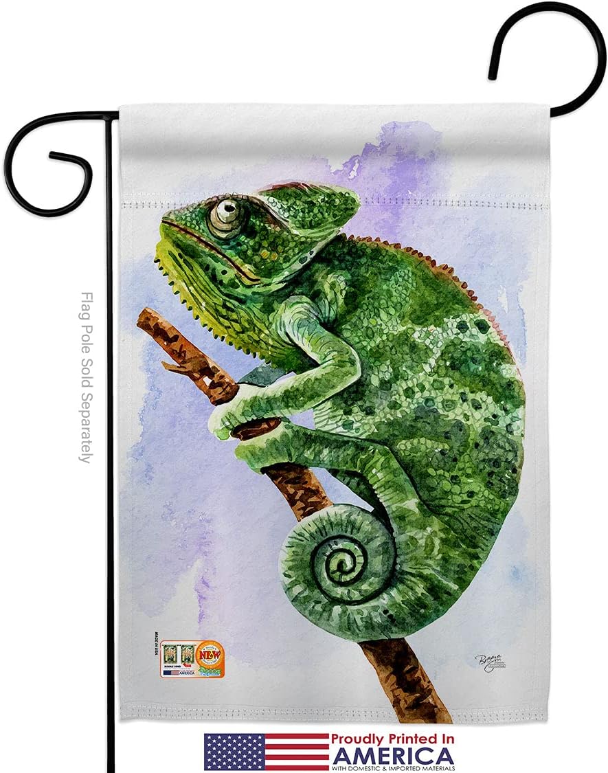 Chameleon Garden Flag Set with Stand Animals Critter Bee Ladybug Animal Pet Nature Creature Small Decorative Gift Yard House Banner Made In USA 13 X 18.5