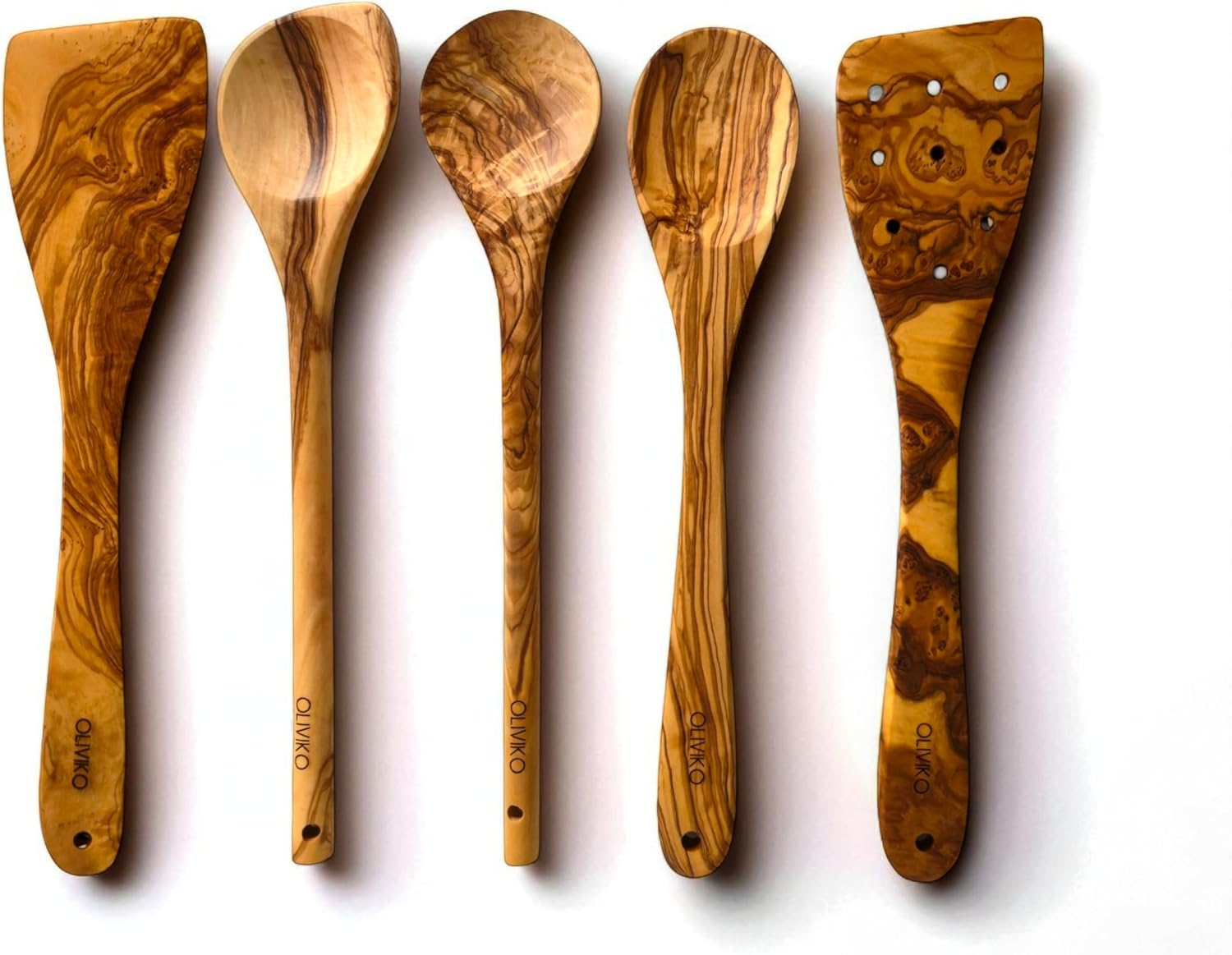 100% Olive Wood HANDMADE 5 Spoon Set | Ideal for Nonstick Cookware & Kitchen Utensils | Cooking, Baking & Serving | Eco-friendly BPA free 3 SPOONS & 2 SPATULAS (Classic utensils)
