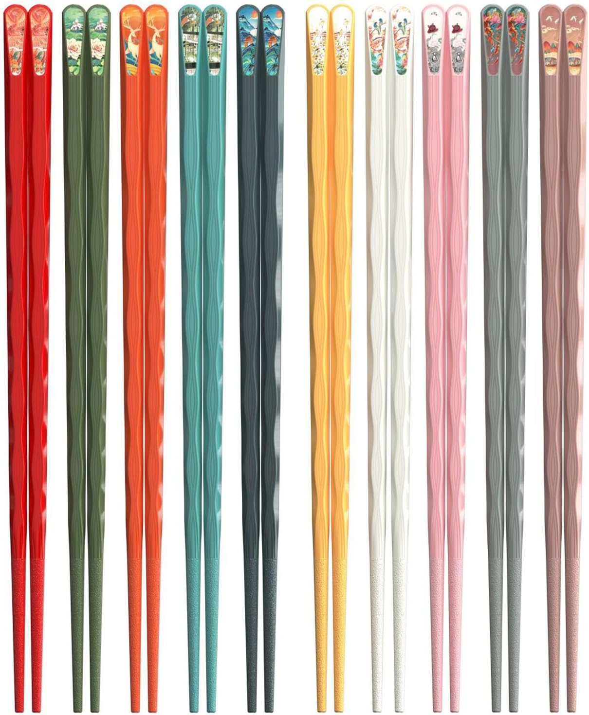 Product image of 10 Pairs Reusable Chopsticks, 9.5-Inch Dishwasher Safe, Heat-Resistant, Non-Slip, Colorful Chinese Style Chopsticks with Unique Pattern Designs (Wavy)