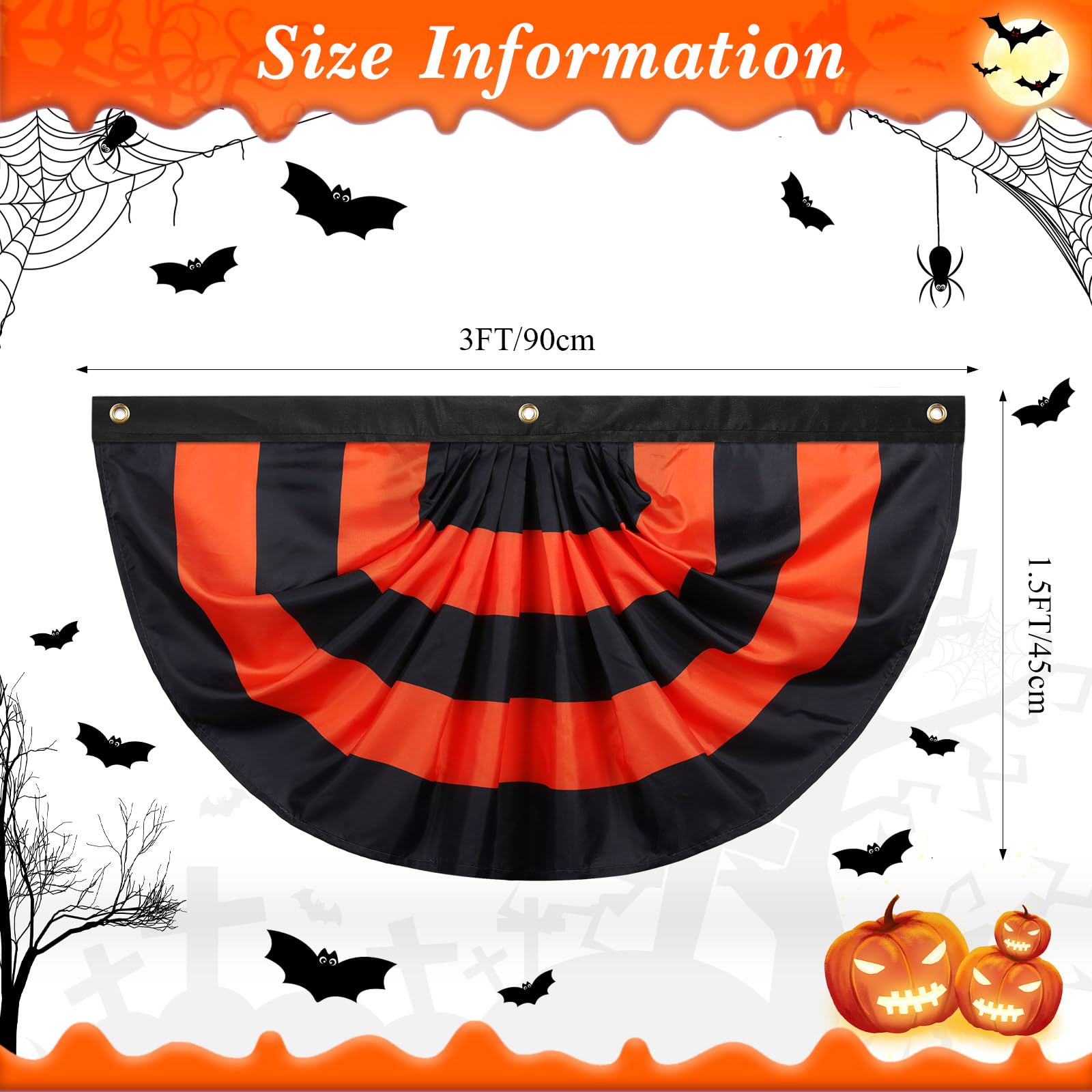 Newwiee Lot de 8 fanions plissés à suspendre avec 3 œillets pour Halloween, intérieur, extérieur, maison, vacances, cour, fête - Noir et orange