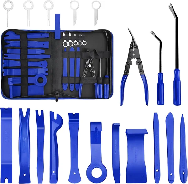 Aodigesa 19 Pcs Trim Removal Tool, Auto Clip Pliers Fastener Terminal Remover Set, Plastic Pry Tool Kit for Car Panel/Dash/Door/Audio/Radio/Stereo with Storage Bag (Blue)