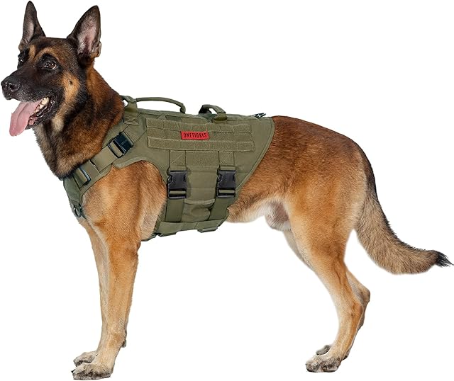 OneTigris Large Tactical Dog Harness, No Pulling Adjustable Dog Vest Harness, Heavy Duty Dog Harness with Handle, 2X Quick-Release Metal Buckle Dog Harness(M, Ranger Green)