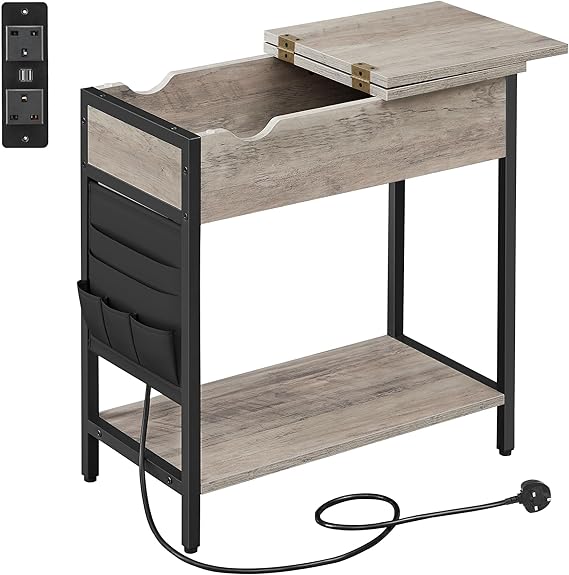 VASAGLE Slim Side Table with Charging Station, Narrow Bedside Table
