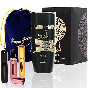 Lattafa Perfumes Asad for Unisex Eau de Parfum Spray, 3.4 Ounce / 100 ml with Elegant Velvet Pouch and 3 Refillable Atomizer Spray Bottles