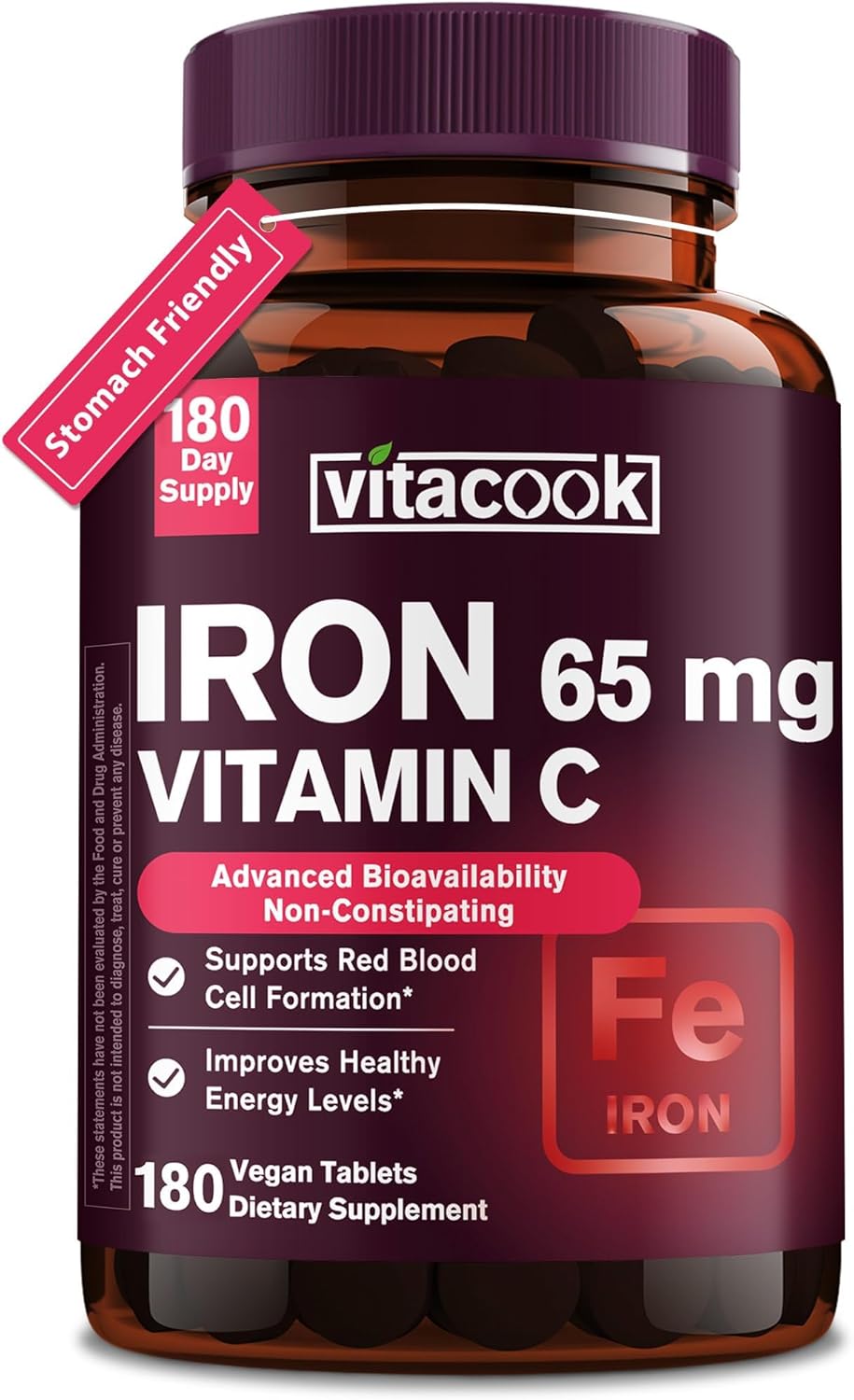 Iron Supplement for Women Men, High Potency Iron 65mg with Vitamin C 250mg, Stomach Friendly Iron Pills for Red Blood Cell & Immune Support, Vegan, Non-GMO & Gluten Free, 180 Tablets