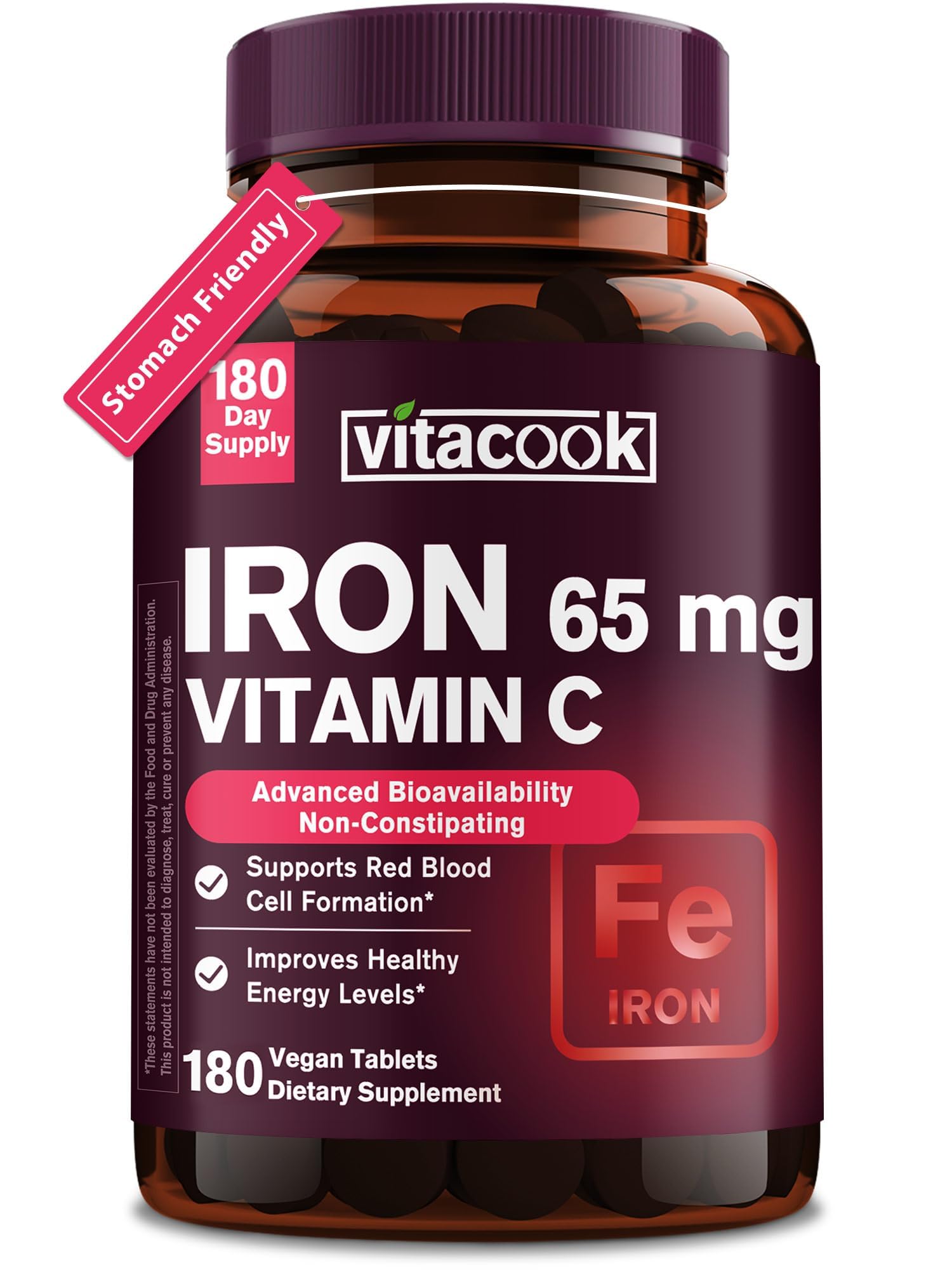 Iron Supplement for Women Men, High Potency Iron 65mg with Vitamin C 250mg, Stomach Friendly Iron Pills for Red Blood Cell & Immune Support, Vegan, Non-GMO & Gluten Free, 180 Tablets