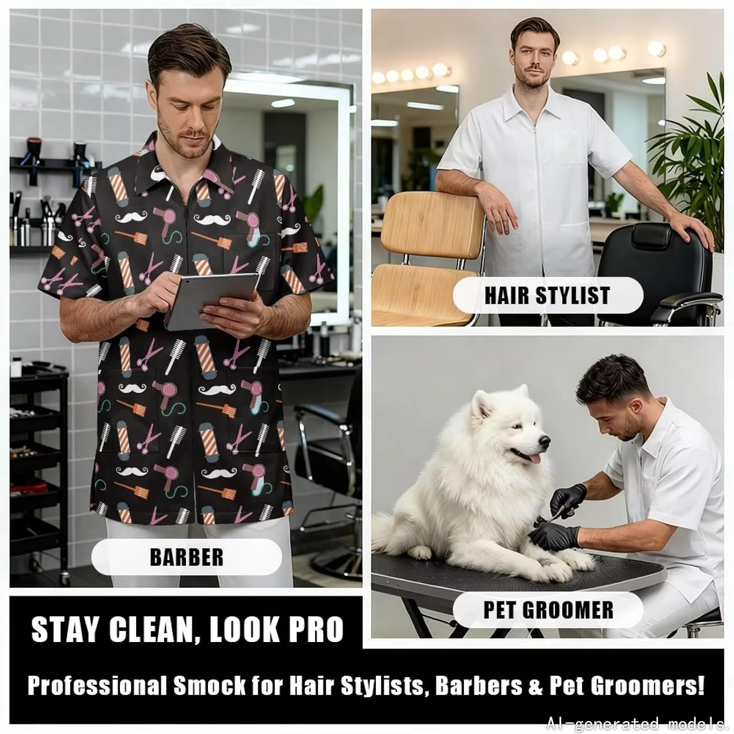 Unisex Water Resistant Salon Stylist Smock with 3 Pockets, S-4XL | Anti-static, zip up workwear, 100% polyester, lightweight breathable fabric, ideal for hairdresser & pet grooming