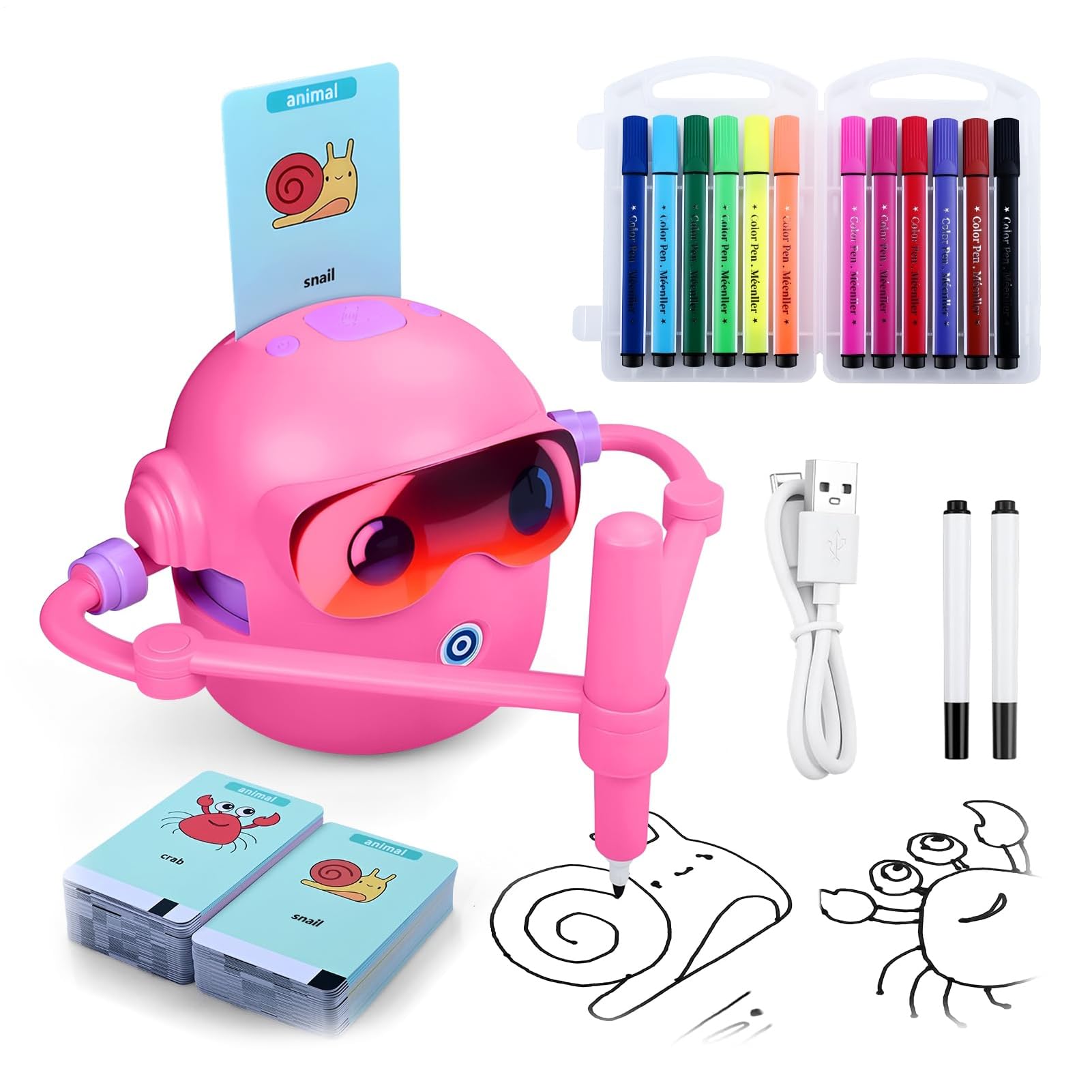 Interactive Drawing Robot For Kids, 11x11x12.5cm Lens Scanning Doodle Bot Kids Robot Toy, With Voice Interaction, 2 Paintbrushes And 12 Colored Pens, Data Cable, 100 Cards, ABS, USB Rechargeable