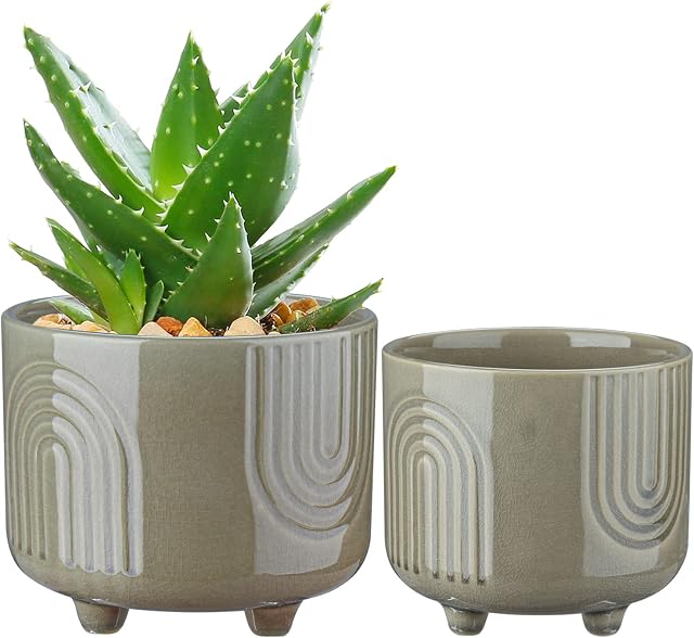2PCS Ceramic Plant Pot Indoor Succulents Plant Pot Set Small Plant Pot on Legs for Indoor Plant Houseplant Garden Planter Herb Flower Pot for Orchid Mini Plant, Grey Boho Decor Container 12CM 15CM