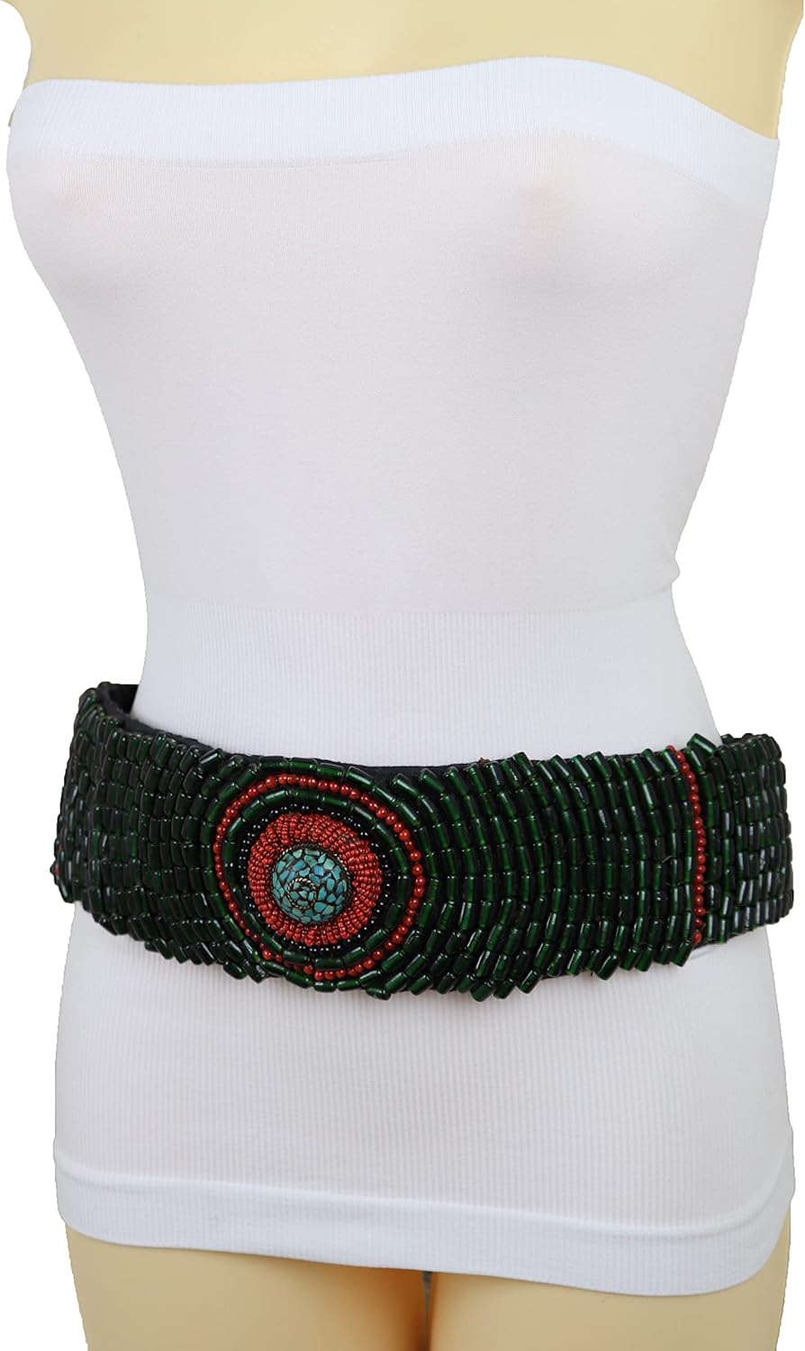 TrendyFashionJewelry Women Wide Tie Fabric Waistband Belt Hip Waist Green Beads Wrap Around Bohemian M L XL