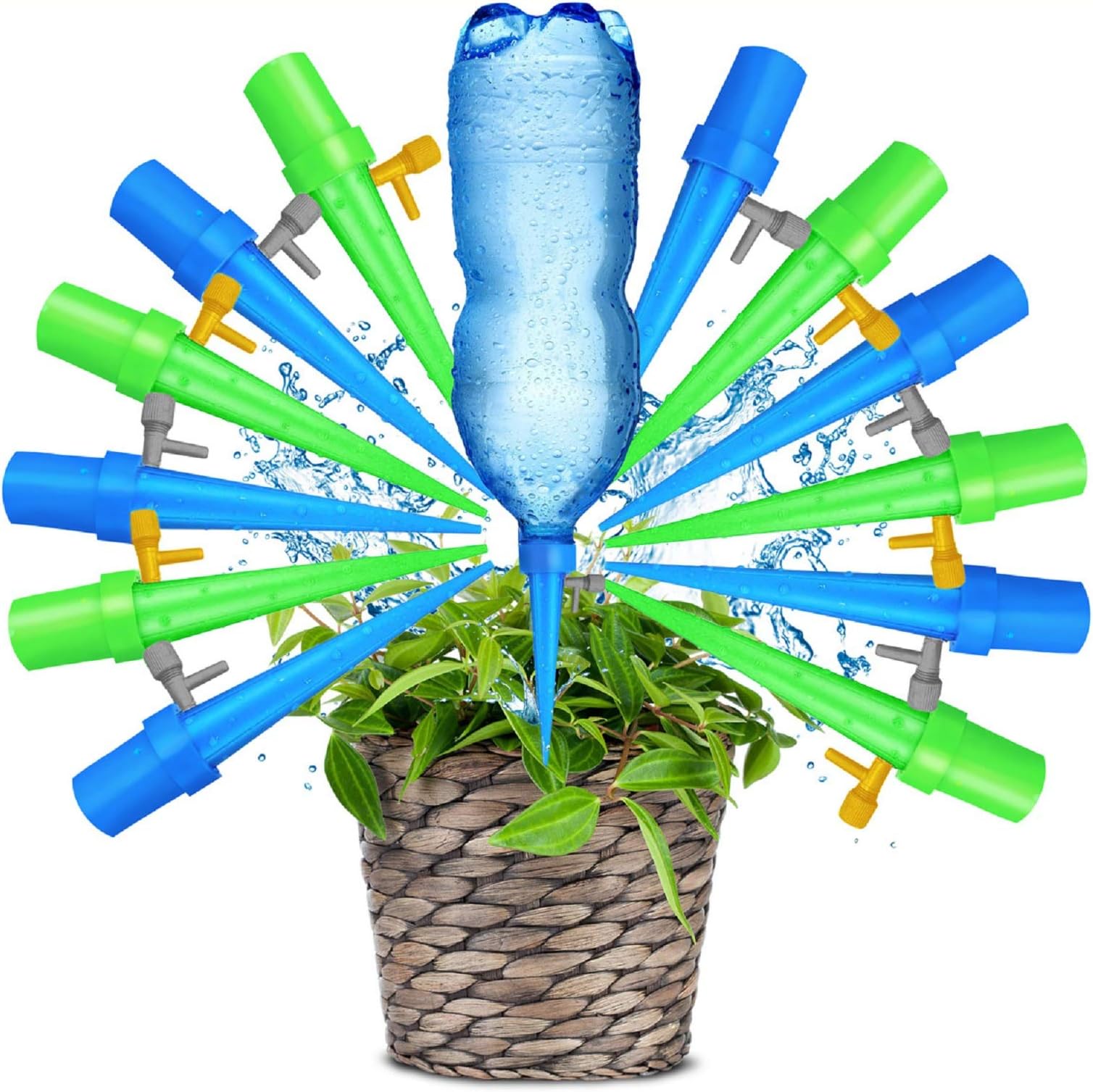 Upgraded Adjustable Automatic Watering Spikes. Indoor Outdoor Plastic Bottle Drip Irrigation Device Spike System. Works as Plant Watering Globes with Control Valve.