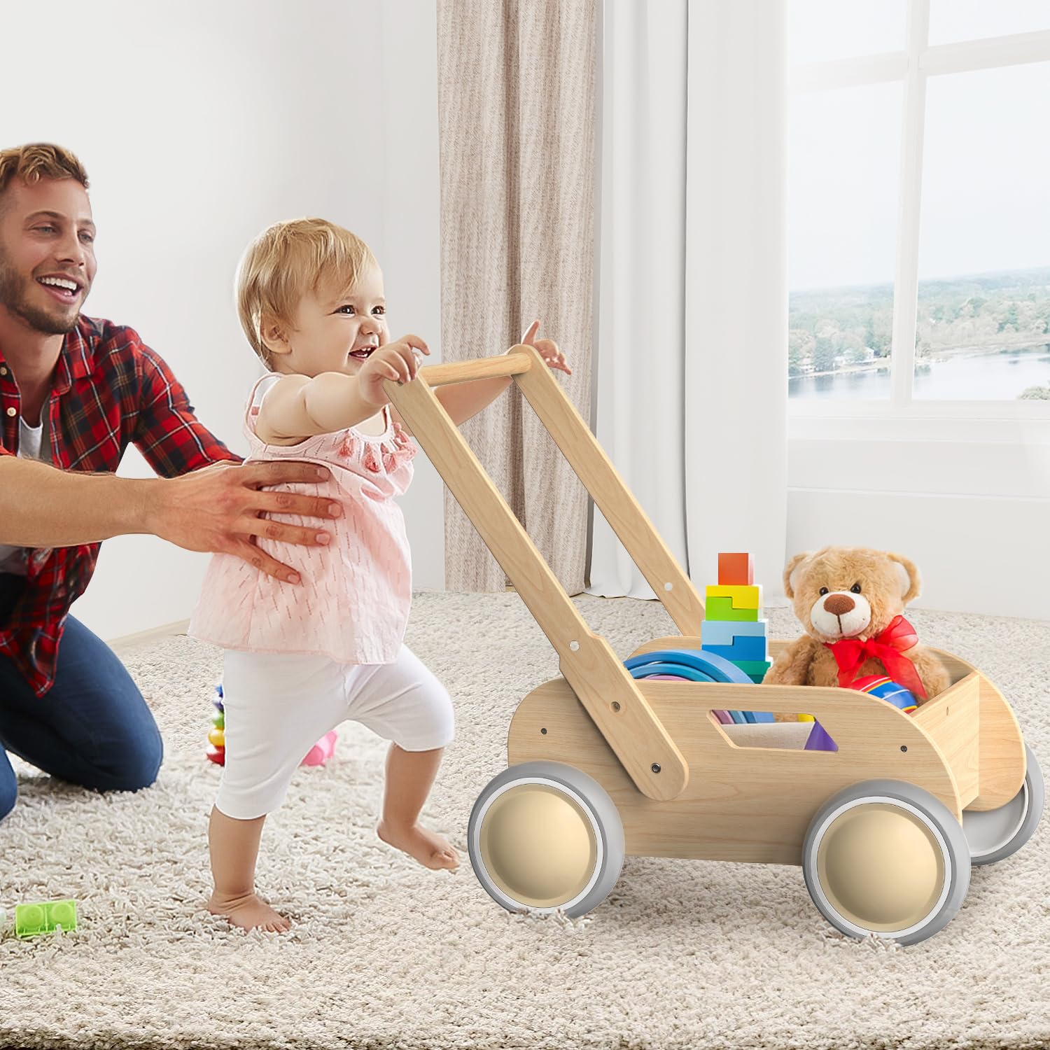 Trotteur Bébé en Bois, Chariot de Marche Bebe pour Garçons et Filles, Pousser et Tirer Baby Walker, Trotteur avec Roues, Cadeau pour Anniversaire Noël, Naturel