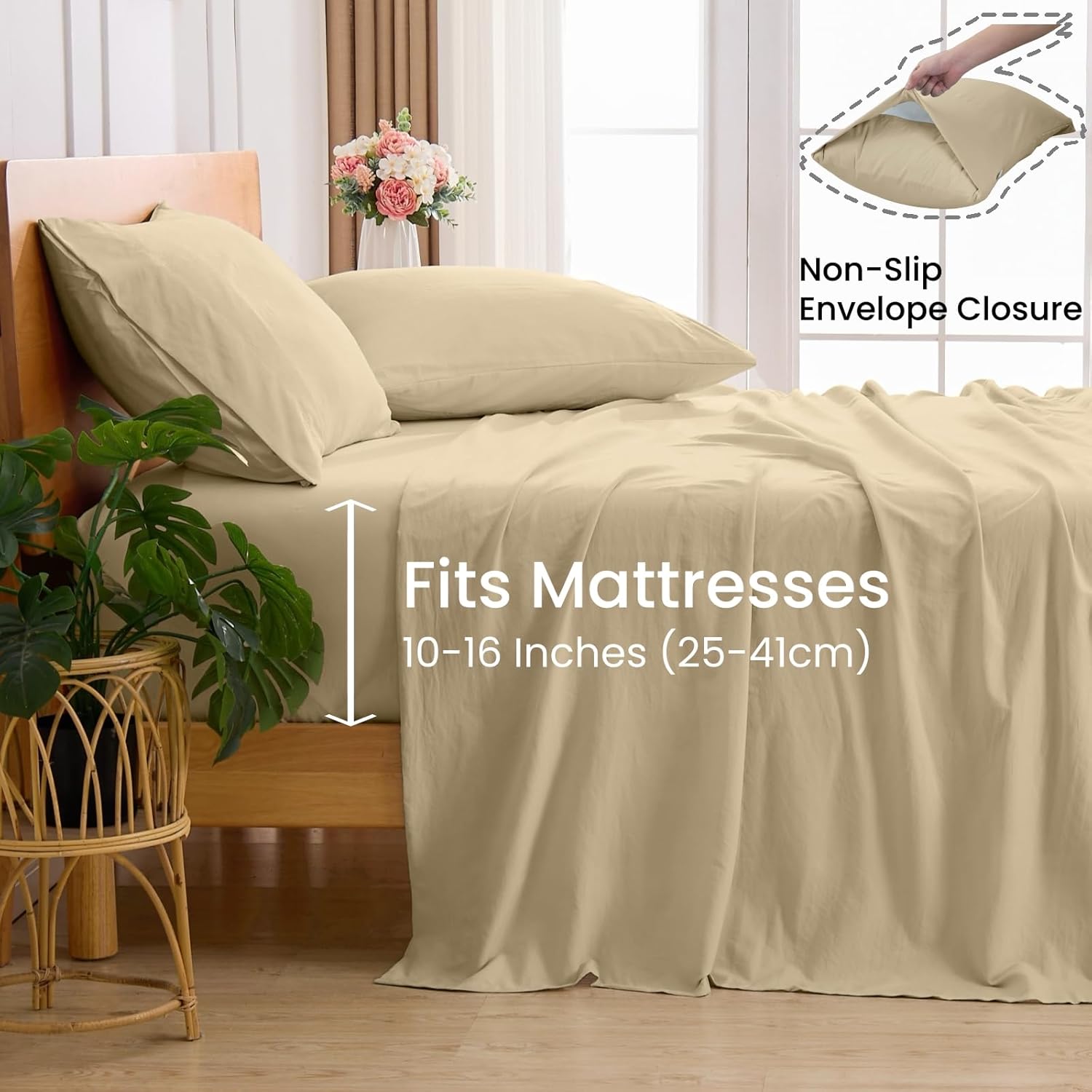 GOKOTTA 4-Pcs King Size Sheets Set, 10-16" Deep Pocket, Non-Slip Elastic Corner Straps, Washed & Brushed Microfiber Polyester - Hotel Luxury, Ultra Soft, Breathable, Wrinkle-Free, Hypoallergenic - Tan - Image 6