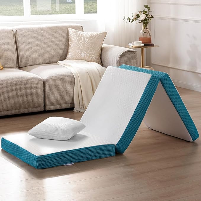 SINWEEK Memory Foam Folding Mattress, 4 Inch Foldable Trifold Mattress Topper, CertiPUR-US Certified Guest Bed with Cooling Cover & Waterproof Lining