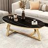 Faux Marble and Stone Coffee Table With Cross Legs - Nordic Slate Oval Cocktail Table for Living Room - Black Top, Gold Base - 39.5