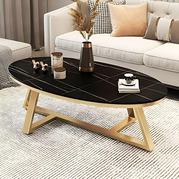 Faux Marble and Stone Coffee Table With Cross Legs - Nordic Slate Oval Cocktail Table for Living Room - Black Top, Gold Base - 39.5" L x 19.5" W x 18" H