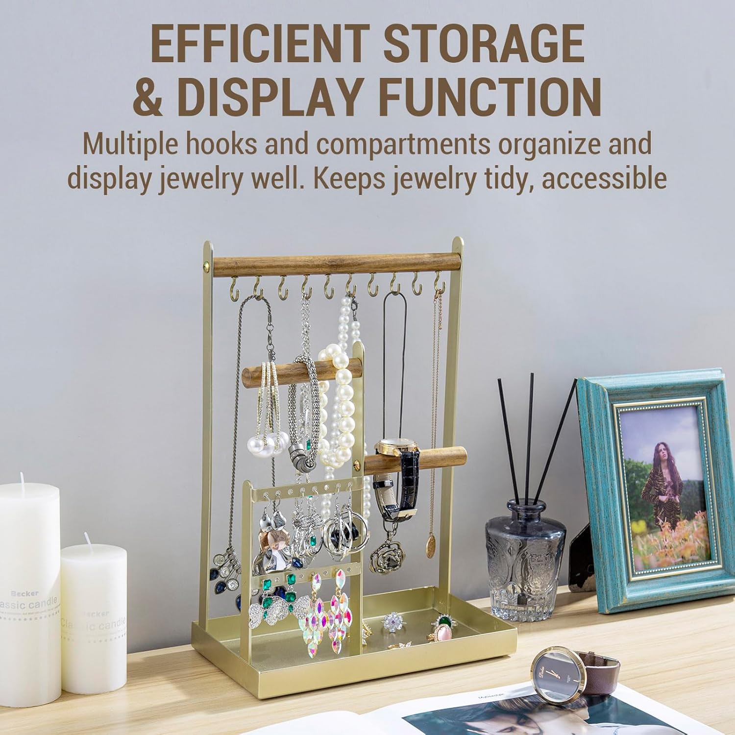 MyGift Brass Tone Metal & Acacia Wood Tabletop Jewelry Organizer – Necklace, Bracelet, Earring Holder with Ring Tray for Vanity or Dresser Display - Image 3