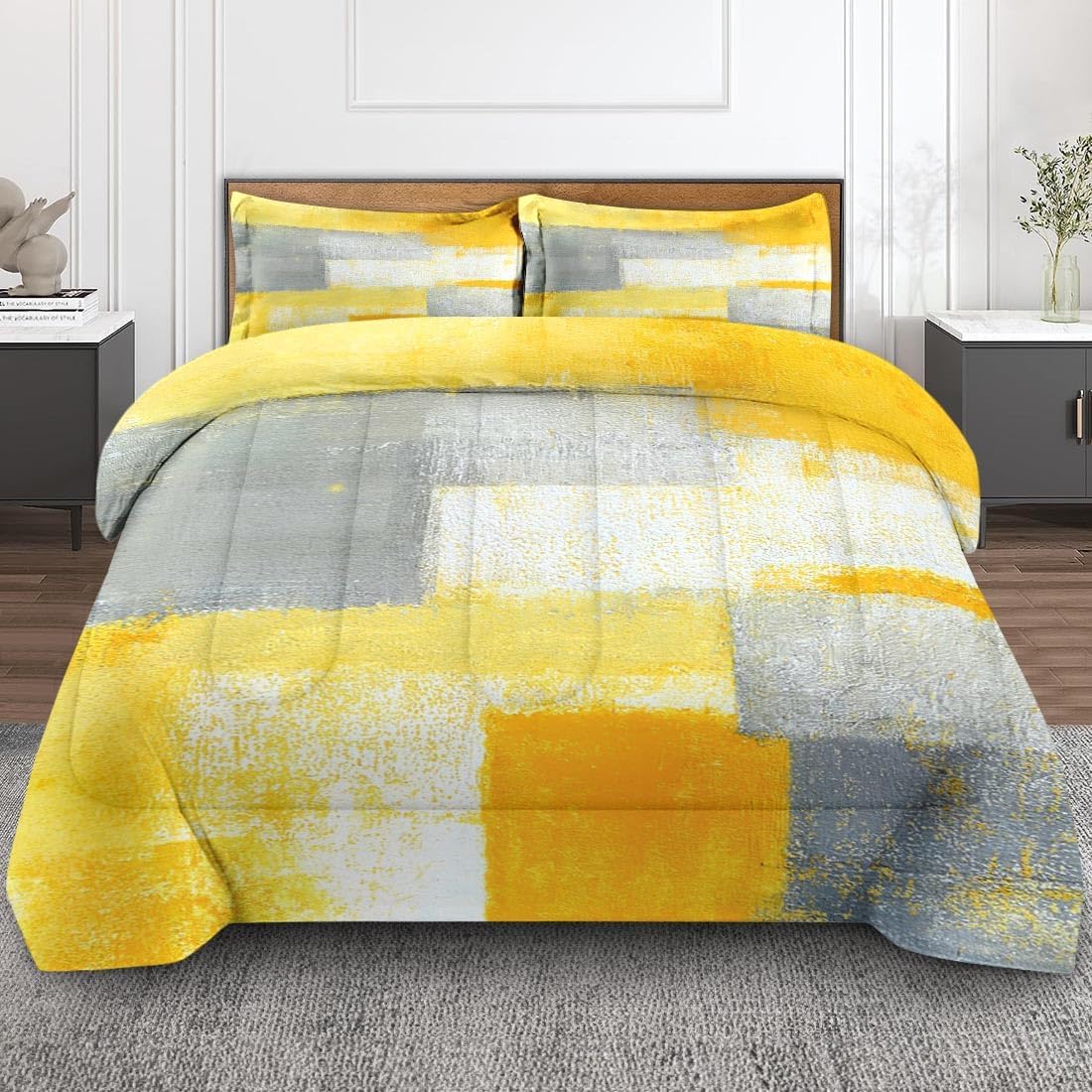 Grey Yellow Painting Gray Yellow Comforter Set King Size, Office Contemporary Abstract Soft Bedding Set for Girls Teens Kids Boys Adults Bedroom Bed Decor,1 Quilt 2 Pillow Cases