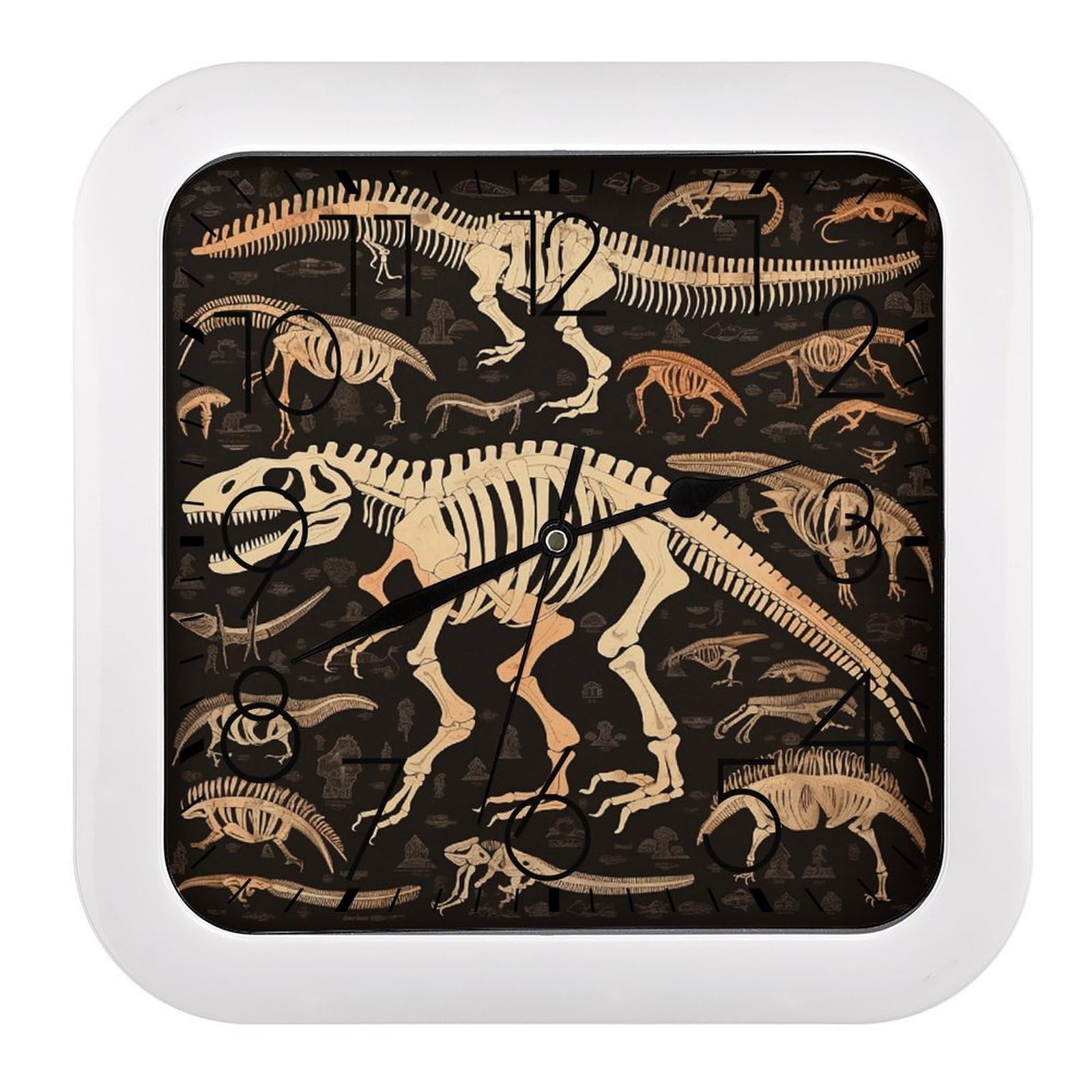 VstaDank Dinosaur Skeleton Print Wall Clock Silent Non-Ticking Clocks Modern Frame Square Wall Clocks Battery Operated Analog Clock Home Decor for Living Room Bathroom Kitchen Office 10 in