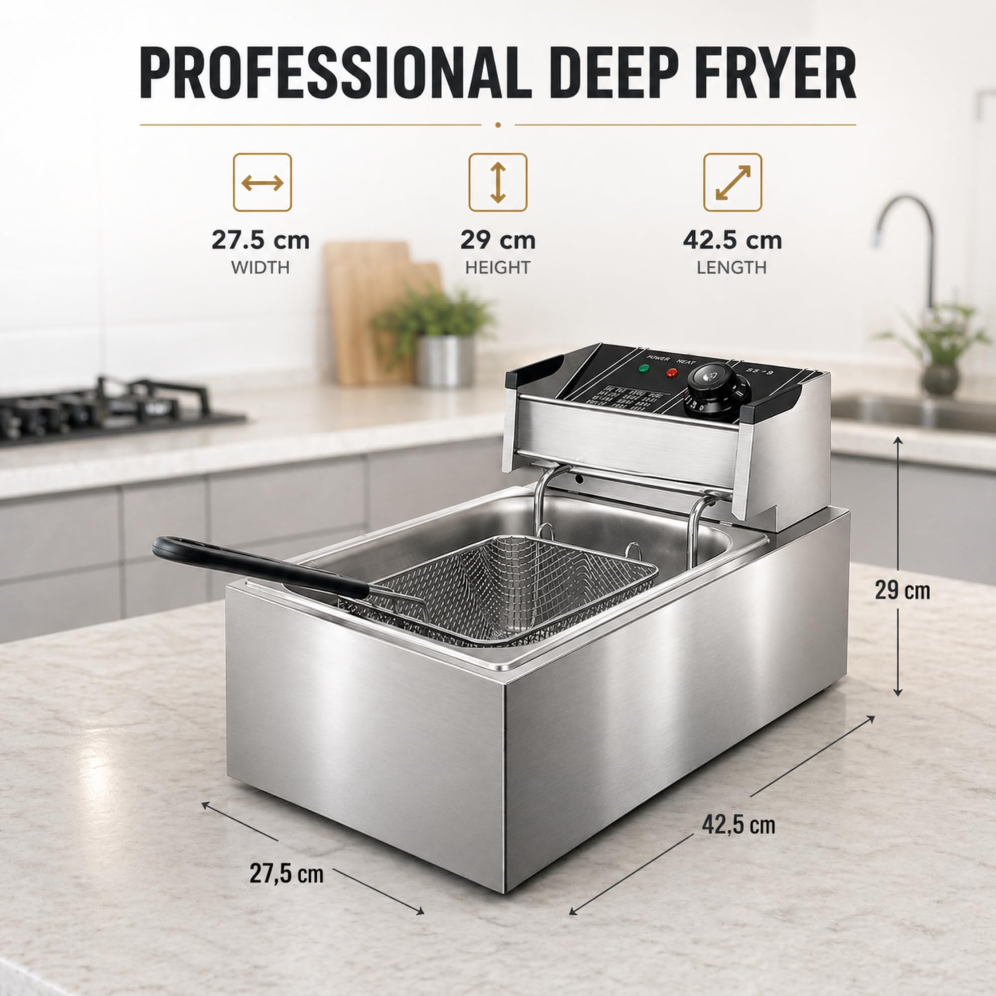 Friggitrice Professionale da 10 Litri. Friggitrice in Acciaio Inox, con Sonda per il Controllo della Temperatura. Ideale per la Ristorazione e la Cucina Domestica.