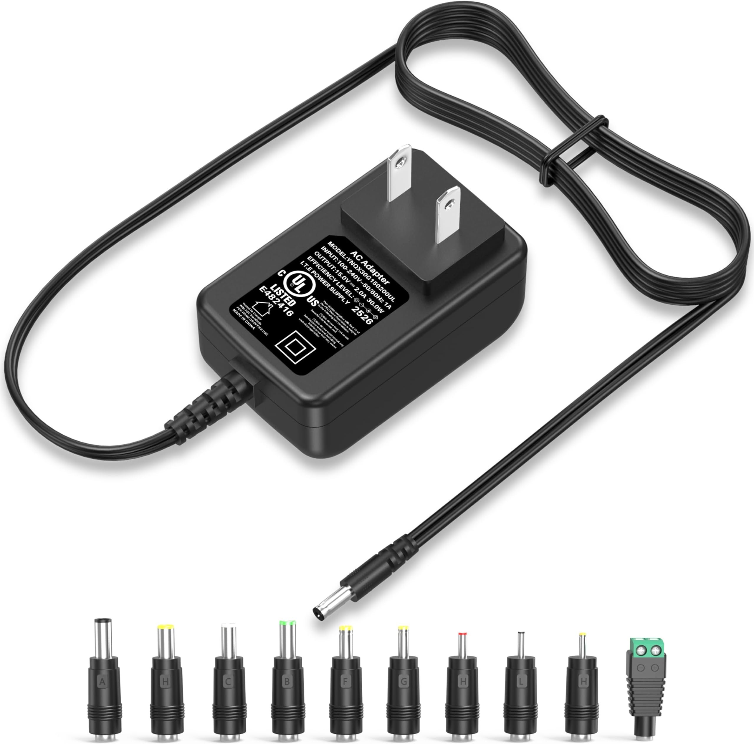 15V 2A 1.5A AC Adapter Power Supply Charger, 30W Universal Switching Power Cord Charger with 10 Multi Jacks DC Plug for 300mA 400mA 500mA 600mA 700mA 800mA 900mA 1000mA 1500mA 2000mA Equipment