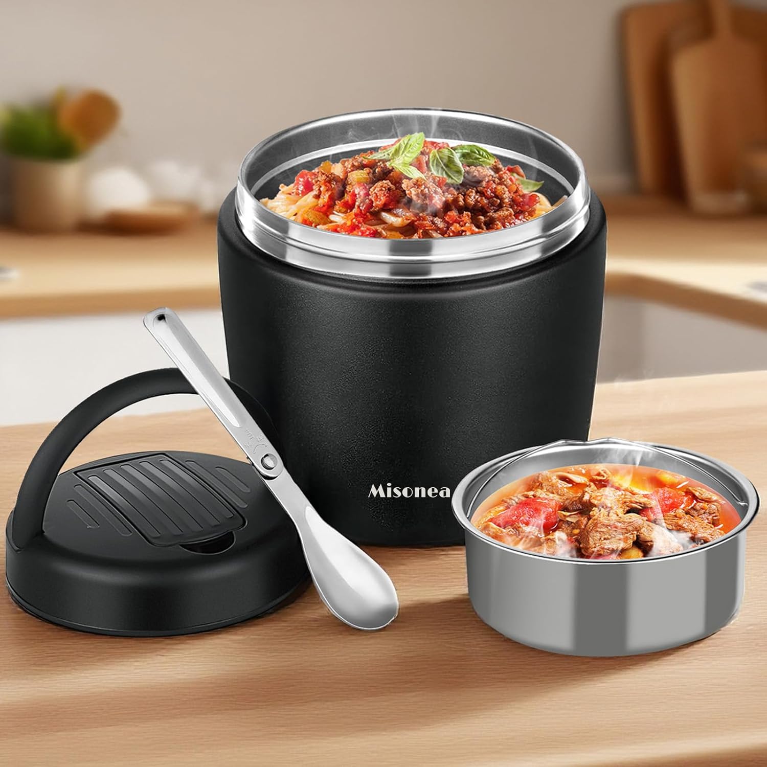 Thermo for Hot Food 40oz, Vacuum Insulated Food Jar for Adults, Stainless Steel Soup Thermo Wide Mouth Leakproof Lunch Containers with Spoon for School Office (Black)