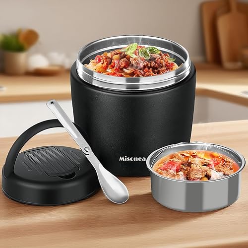 Godobo Thermo for Hot Food 40oz, Vacuum Insulated Food Jar for Adults, Stainless Steel Soup Thermo Wide Mouth Leakproof Lunch Containers with Spoon for School Office (Black)