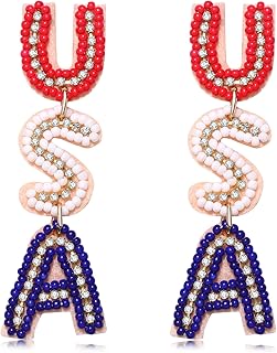 4th of July Earrings, 4th of July Outfits for Women, Patriotic Letter USA Earrings, Beaded American Flag Star Earring (USA)